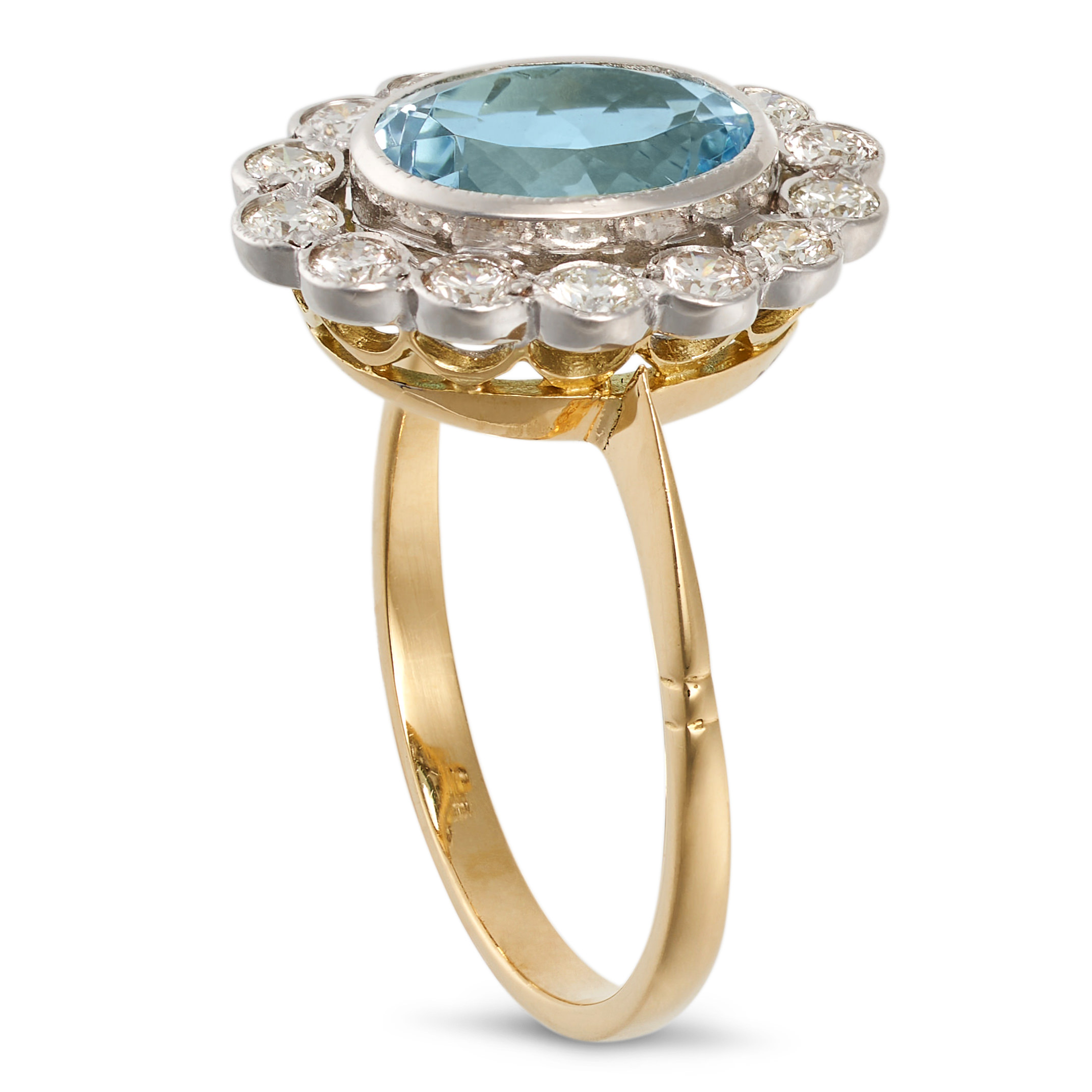 AN AQUAMARINE AND DIAMOND CLUSTER RING in 18ct yellow and white gold, set with an oval cut aquama... - Image 2 of 2
