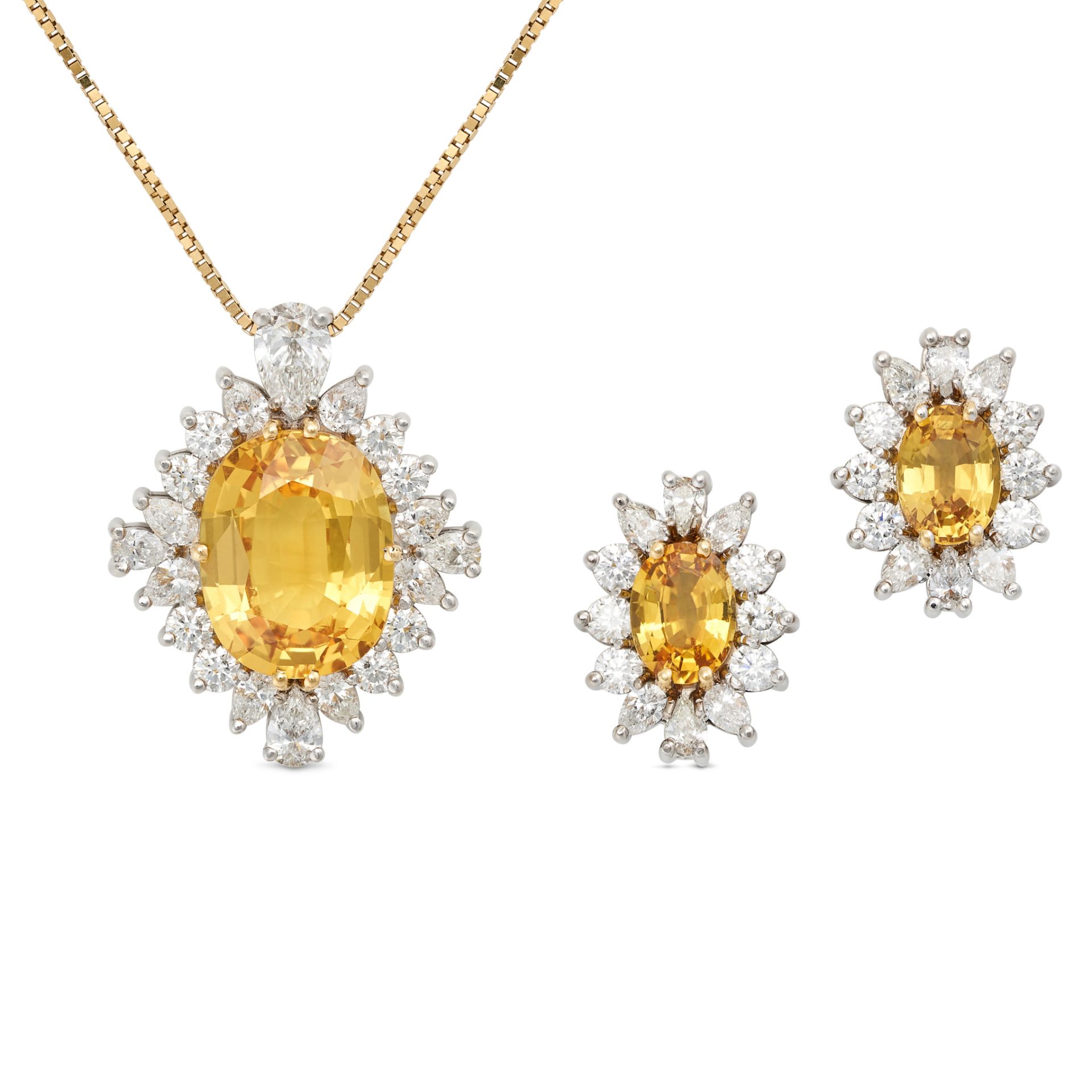 A YELLOW SAPPHIRE AND DIAMOND NECKLACE AND EARRINGS SUITE in 18ct white gold, the earrings set wi...