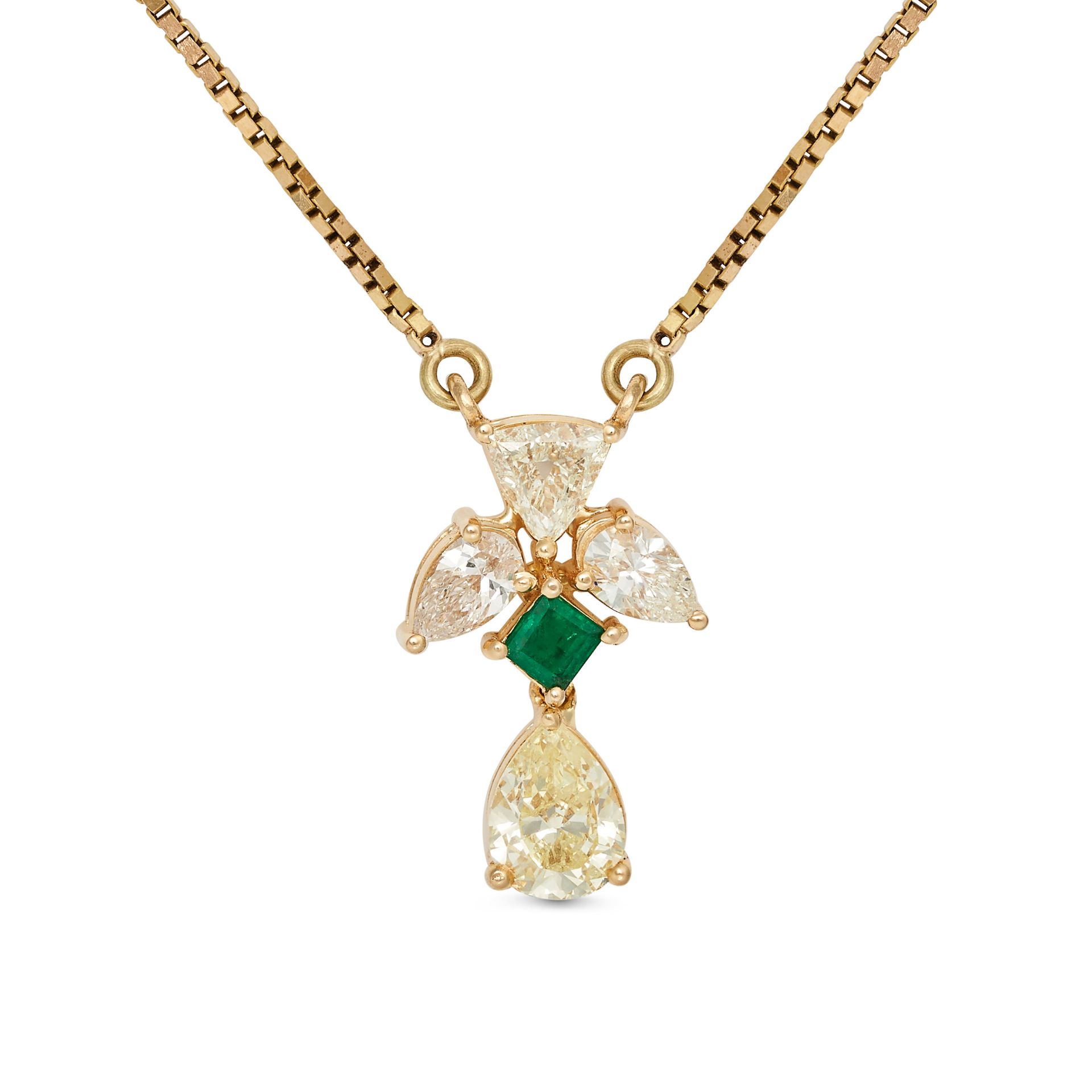 A DIAMOND AND EMERALD PENDANT NECKLACE in 18ct yellow gold, the pendant set with a cluster of pea...