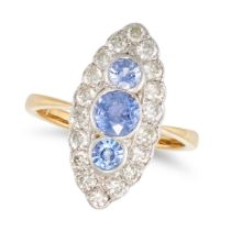 NO RESERVE - A SAPPHIRE AND DIAMOND NAVETTE RING in 18ct white and yellow gold, the navette shape...