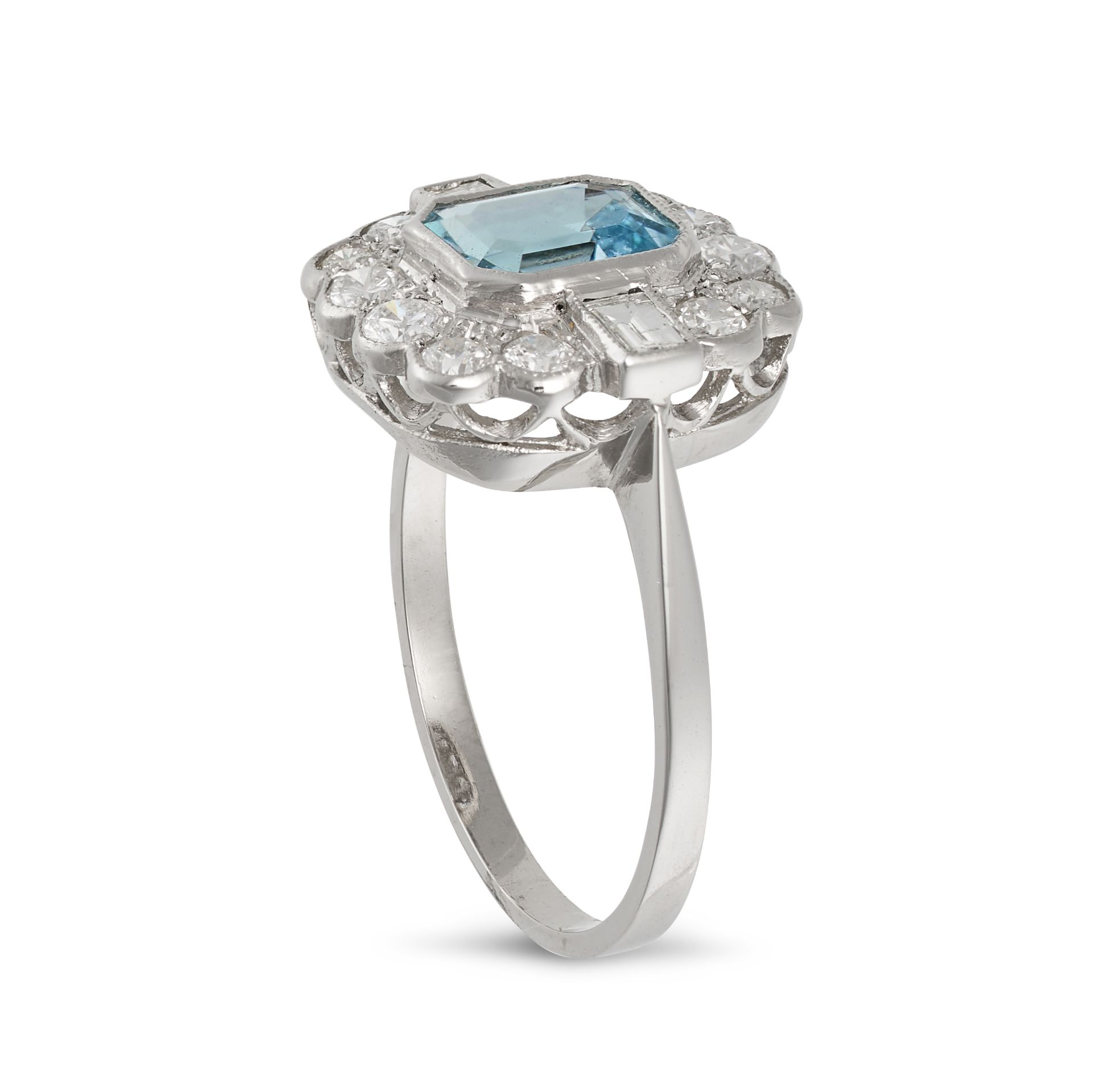 AN AQUAMARINE AND DIAMOND CLUSTER RING in platinum, set with an octagonal step cut aquamarine of ... - Image 2 of 2