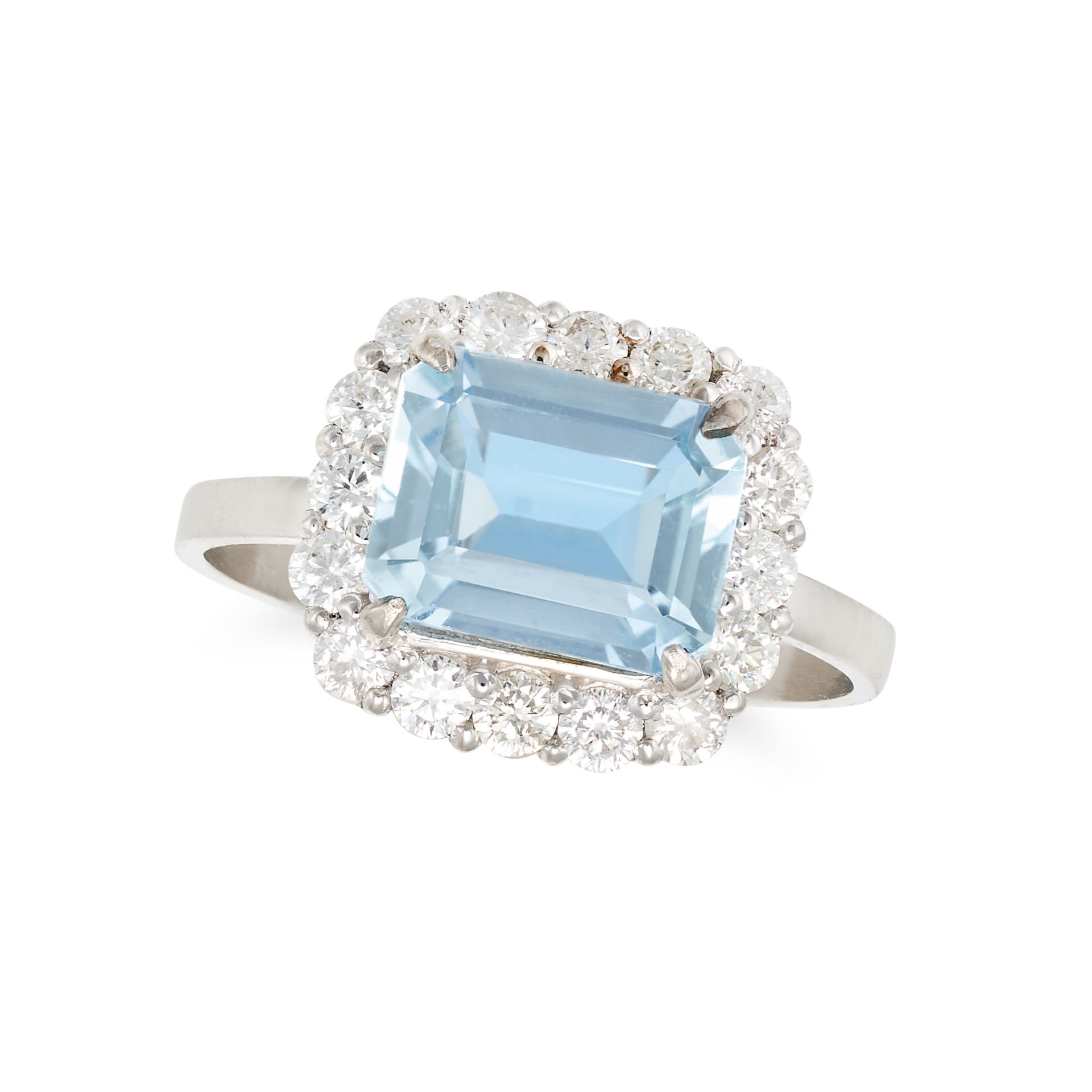 AN AQUAMARINE AND DIAMOND CLUSTER RING in platinum, set with an octagonal step cut aquamarine of ...