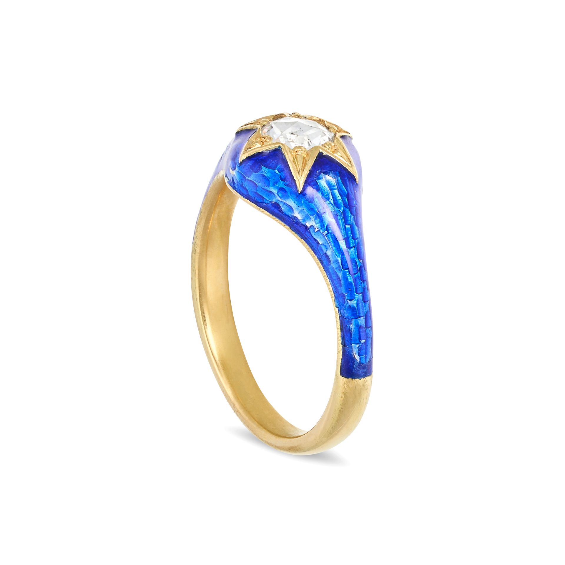 AN ENAMEL AND DIAMOND RING in yellow gold, the ring decorated with blue enamel set to the centre ... - Image 2 of 2