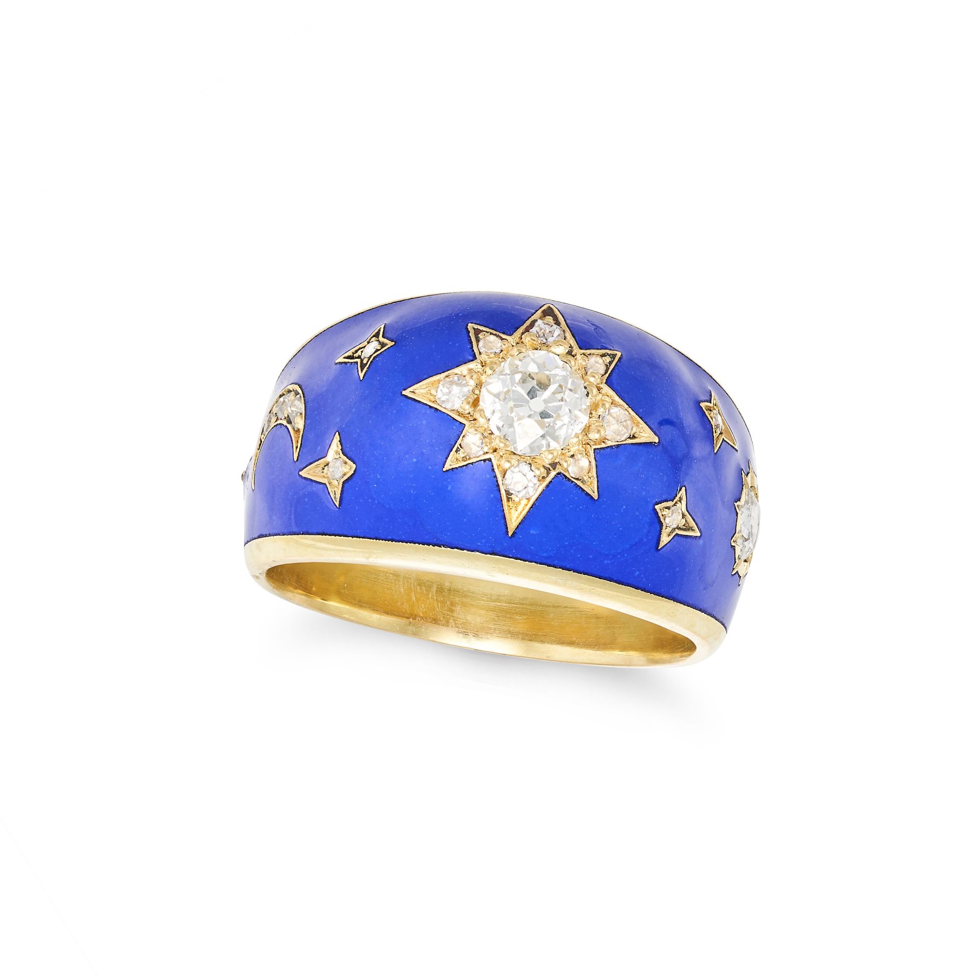 AN ENAMEL AND DIAMOND CELESTIAL DRESS RING in yellow gold, the domed body set old and rose cut di...