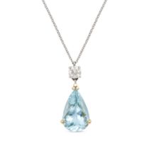 AN AQUAMARINE AND DIAMOND PENDANT NECKLACE in 18ct white and yellow gold, the pendant set with a ...