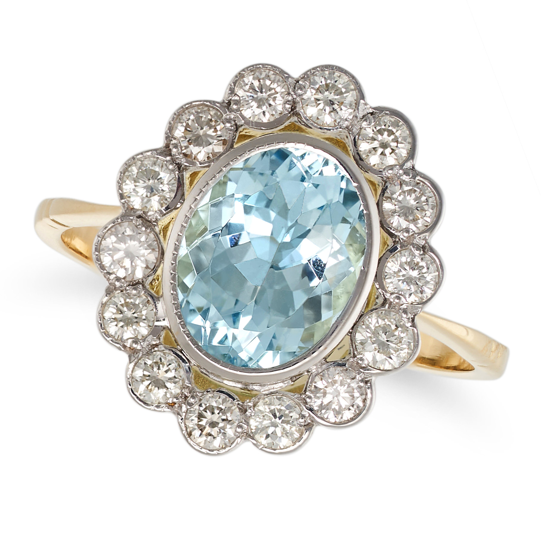 AN AQUAMARINE AND DIAMOND CLUSTER RING in 18ct yellow and white gold, set with an oval cut aquama...