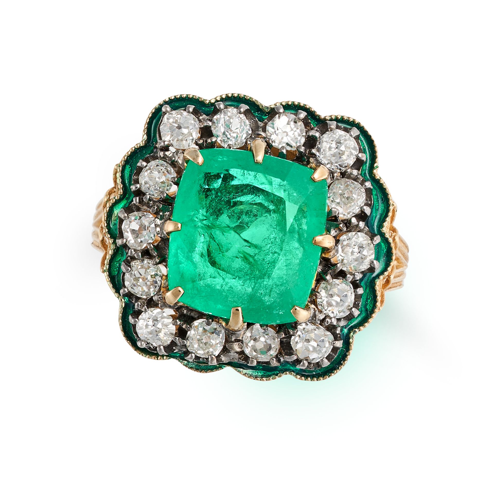 AN EMERALD, DIAMOND AND ENAMEL CLUSTER RING in yellow gold, set with a cushion cut emerald of 5.2...