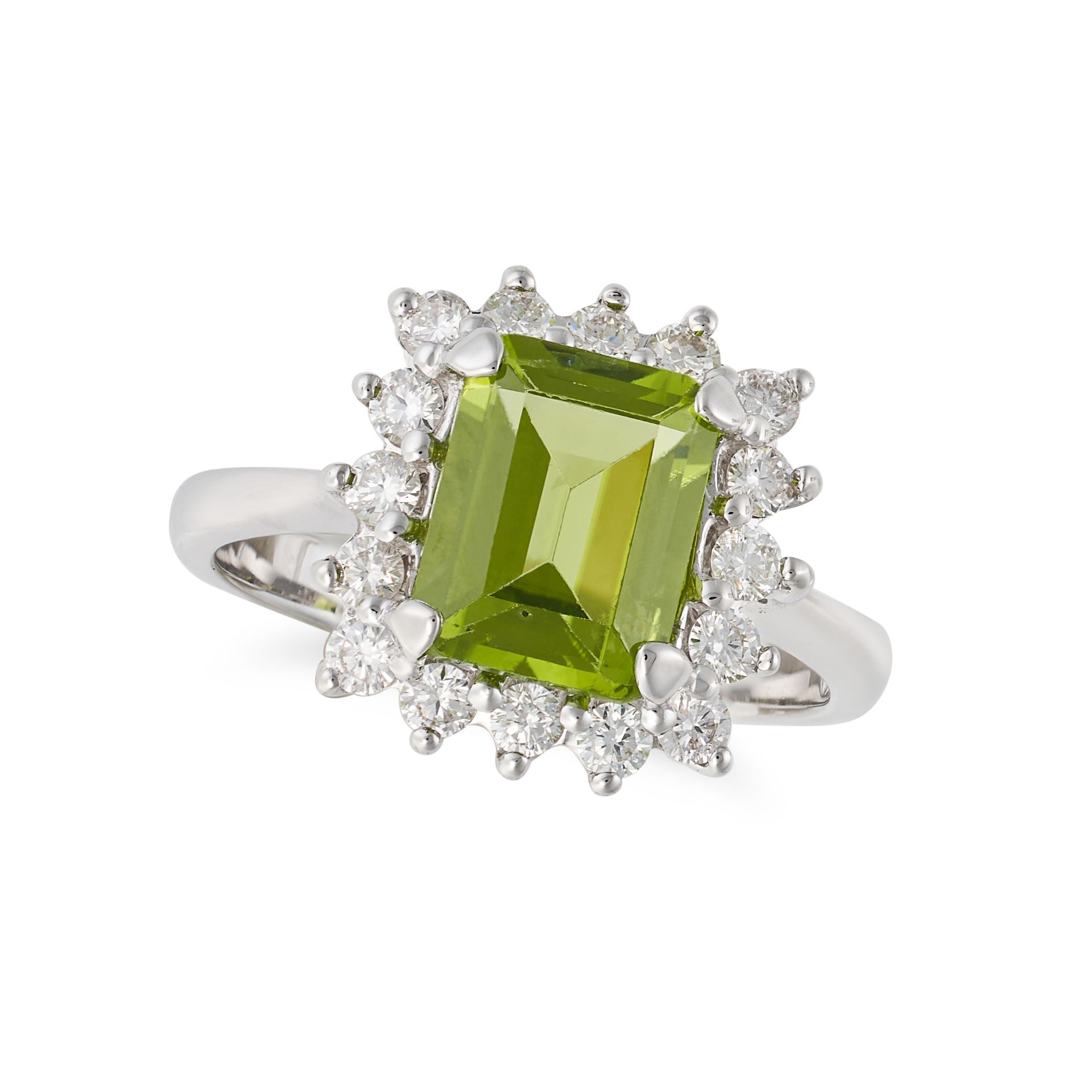 A PERIDOT AND DIAMOND CLUSTER RING in 18ct white gold, set with an octagonal step cut peridot of ...