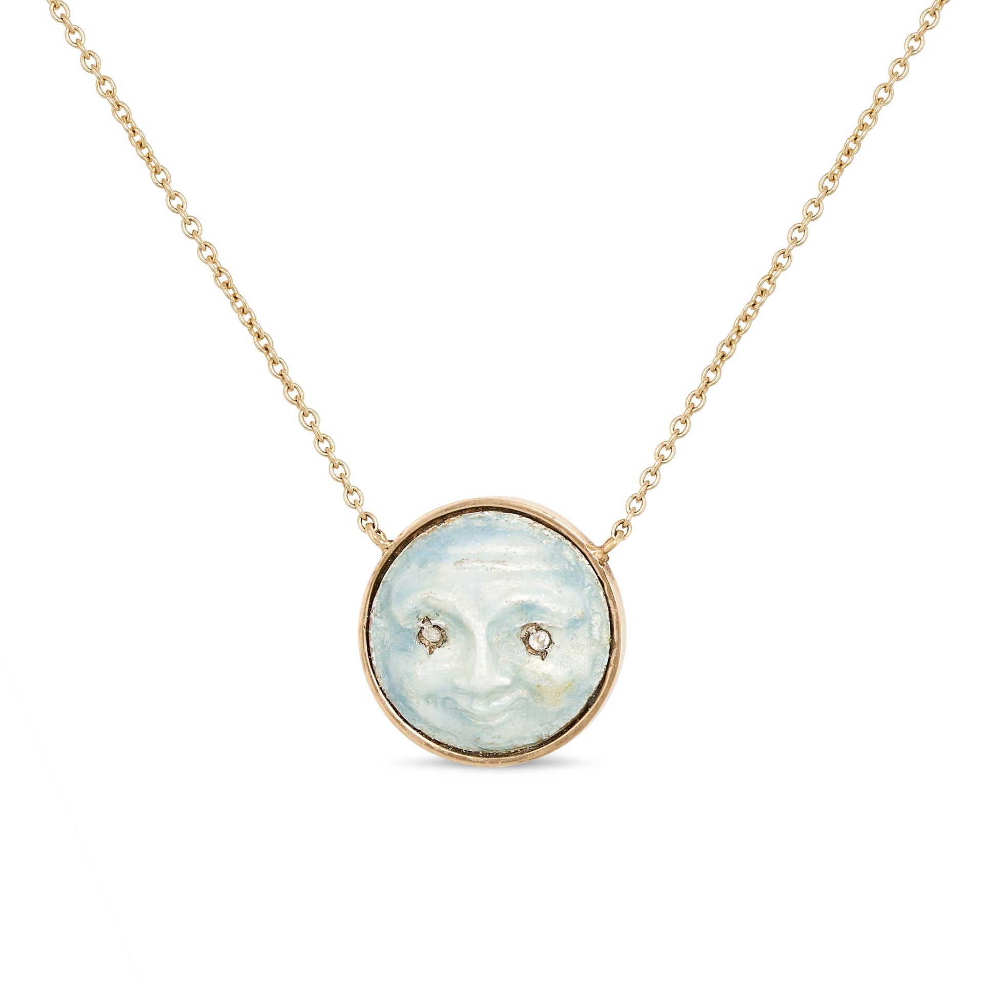 AN ENAMEL AND DIAMOND MAN IN THE MOON NECKLACE in 18ct yellow gold and silver, the pendant design...