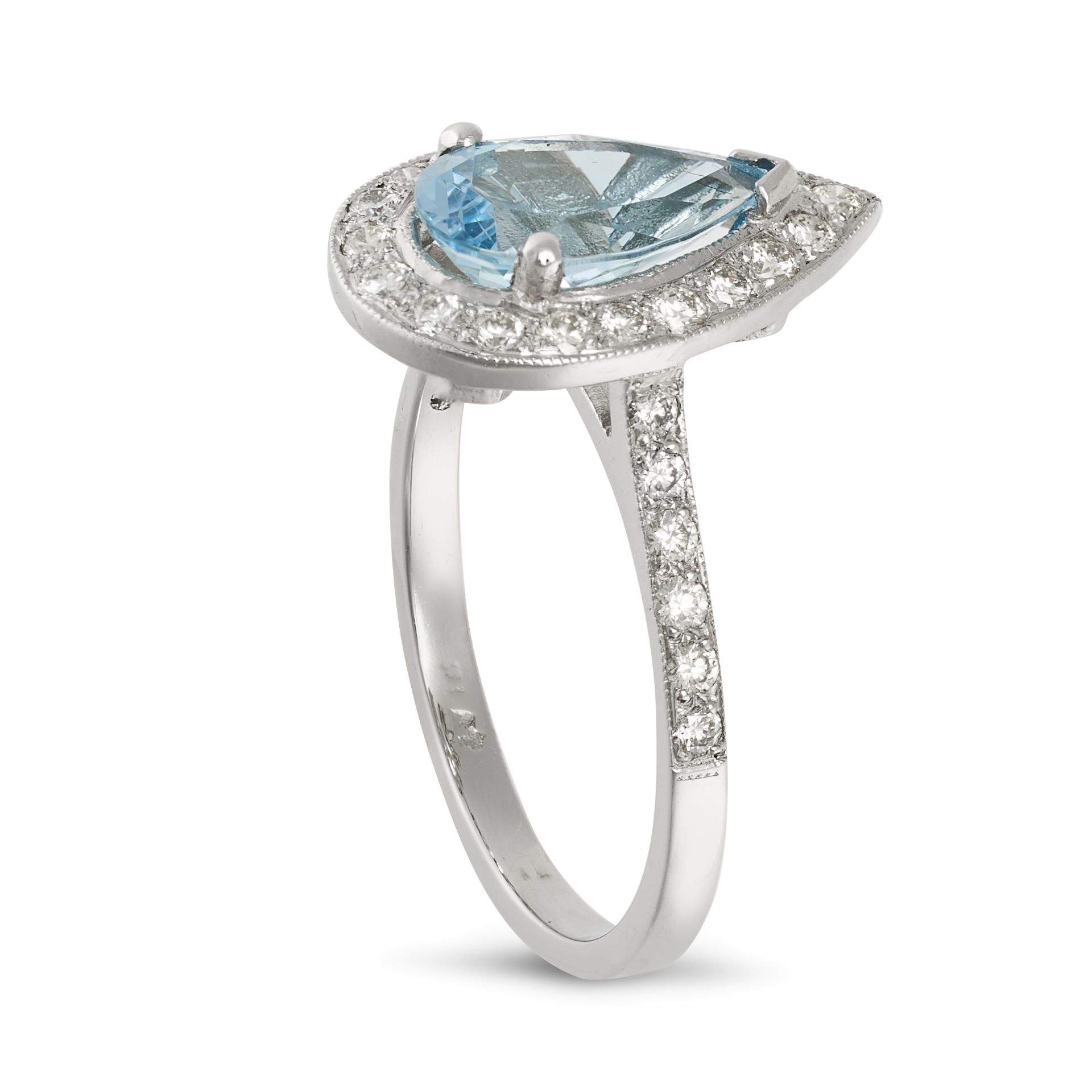 AN AQUAMARINE AND DIAMOND CLUSTER RING in platinum, set with a pear cut aquamarine of approximate... - Image 2 of 2