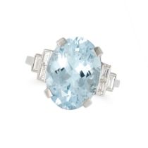 AN AQUAMARINE AND DIAMOND RING set with an oval cut aquamarine of approximately 6.65 carats, the ...