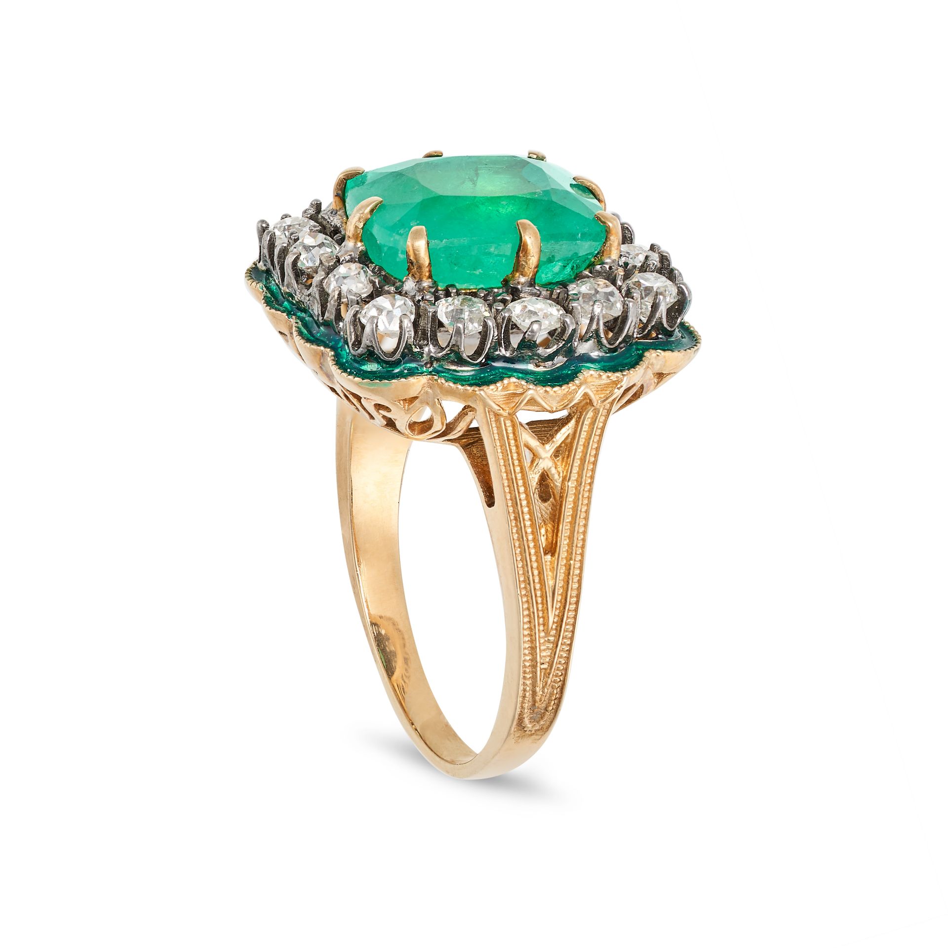 AN EMERALD, DIAMOND AND ENAMEL CLUSTER RING in yellow gold, set with a cushion cut emerald of 5.2... - Image 2 of 2