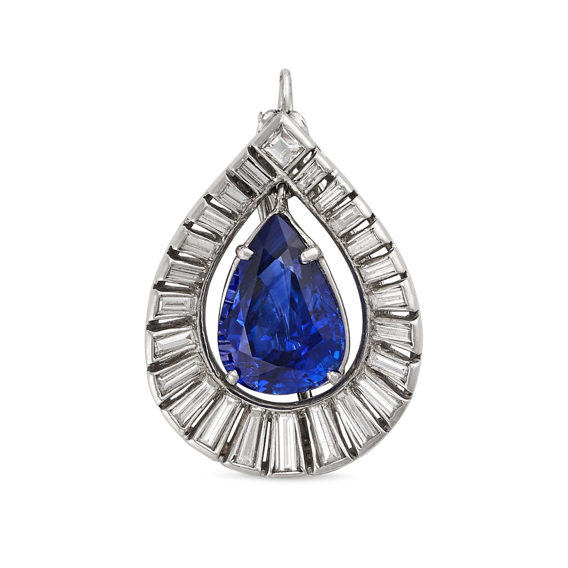 A SAPPHIRE AND DIAMOND PENDANT NECKLACE in platinum, the pendant set with a pear cut sapphire of ... - Image 2 of 3