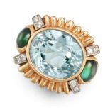 A VINTAGE AQUAMARINE, GREEN TOURMALINE AND DIAMOND COCKTAIL RING in yellow gold, set with an oval...