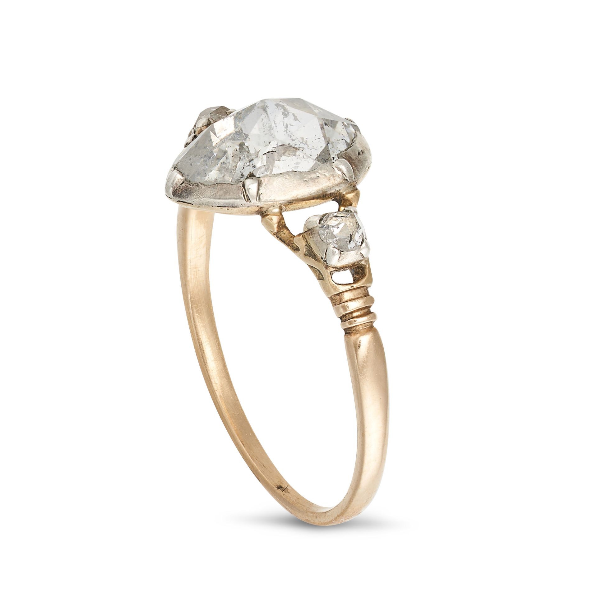 AN ANTIQUE GEORGIAN DIAMOND RING in yellow gold and silver, set with a pear-shaped rose cut diamo... - Image 2 of 2