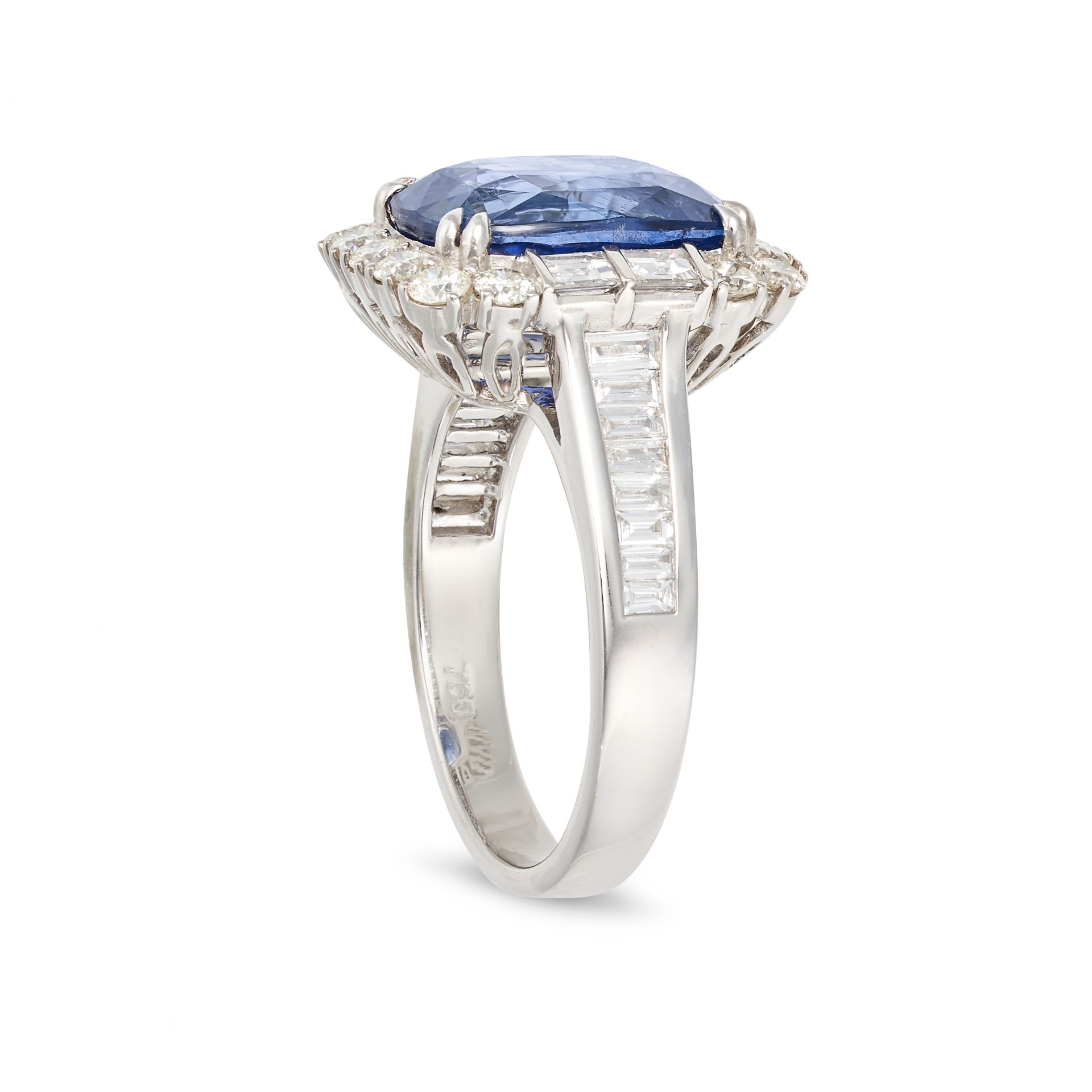 A SAPPHIRE AND DIAMOND CLUSTER RING in 18ct white gold, set with a cushion cut sapphire of 6.91 c... - Image 2 of 2