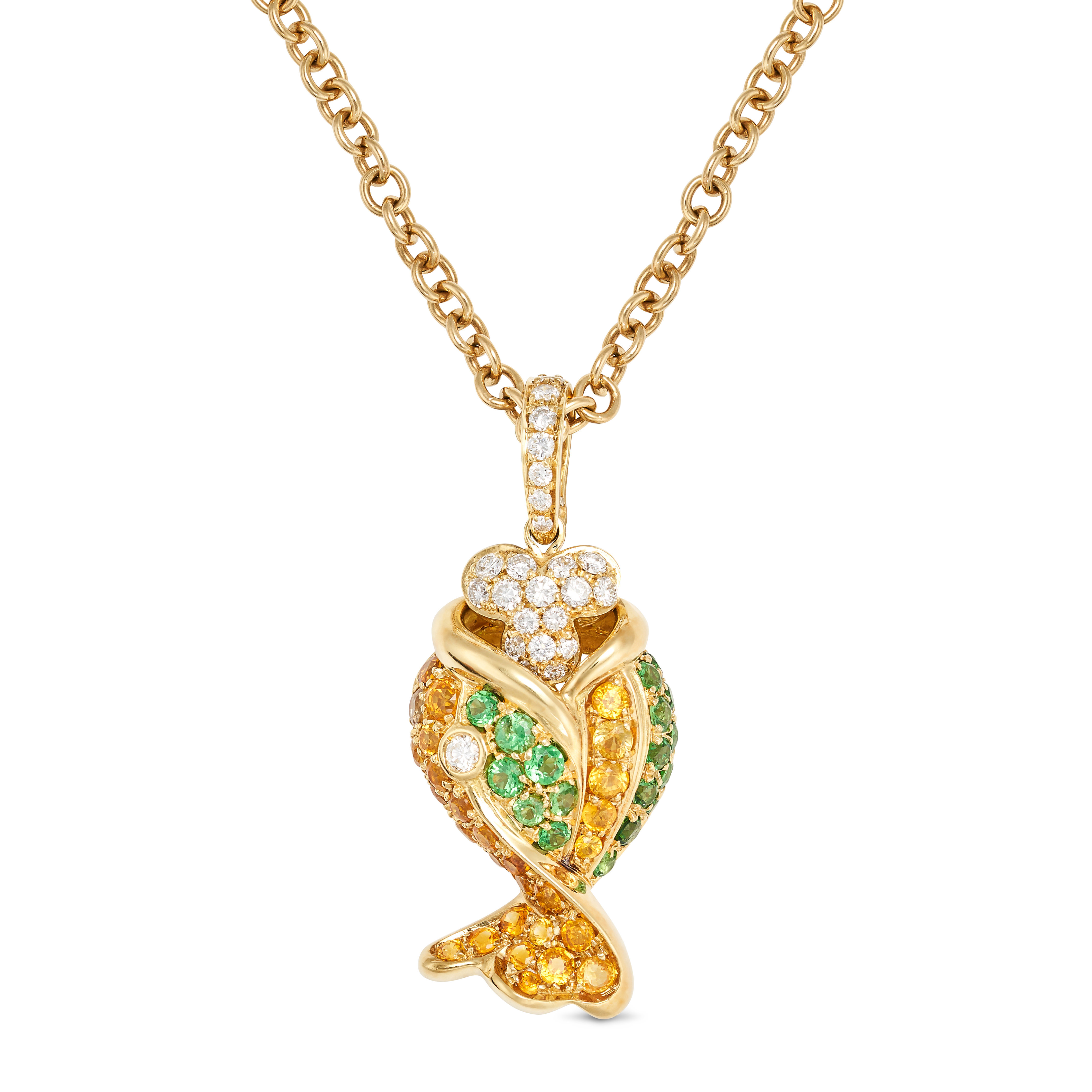 A GEMSET FISH PENDANT NECKLACE in 18ct yellow gold, the pendant designed as a fish set throughout...