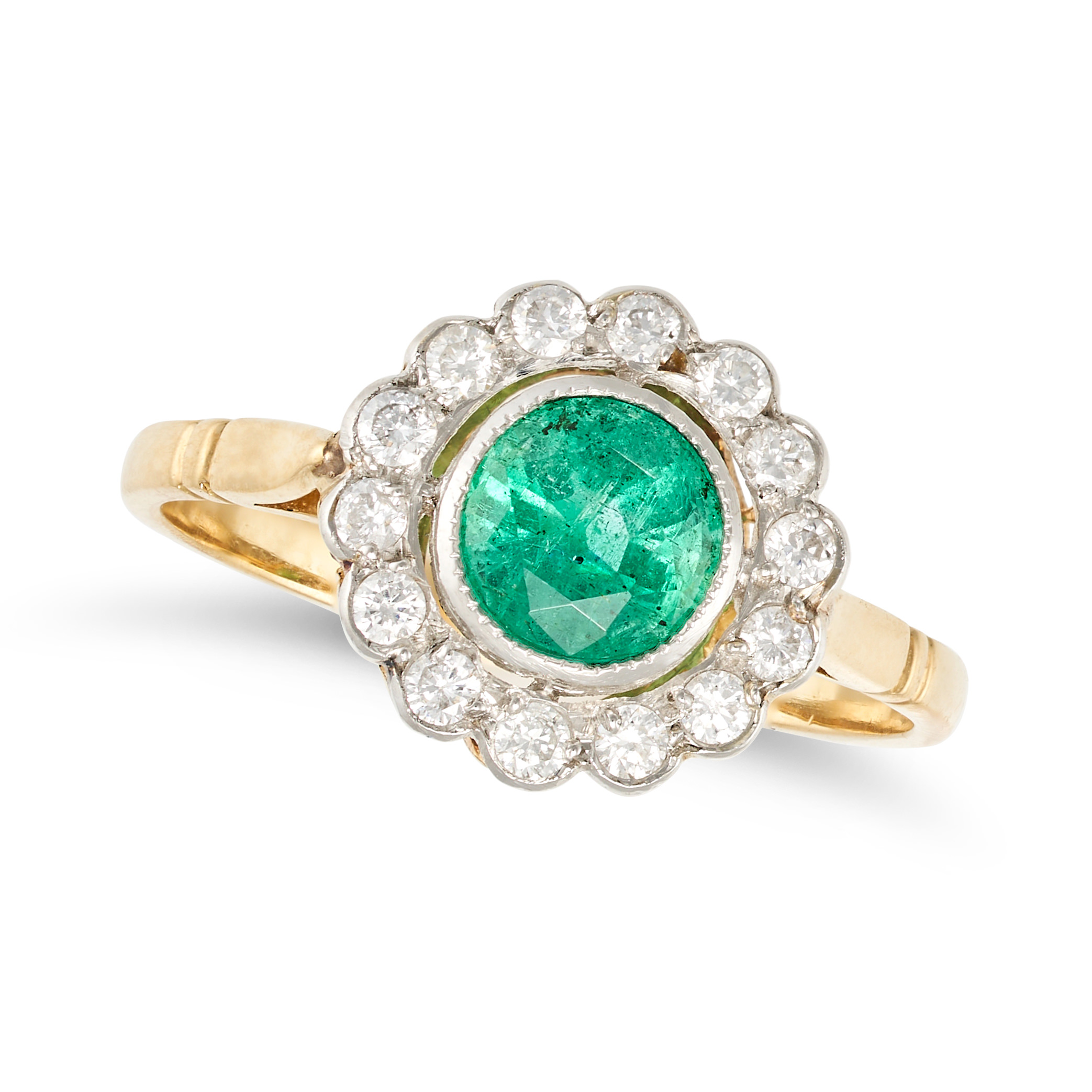 NO RESERVE - AN EMERALD AND DIAMOND CLUSTER RING in 18ct yellow and white gold, set with a round ...