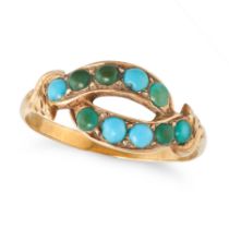 AN ANTIQUE TURQUOISE RING in yellow gold, set with round cabochon turquoise, no assay marks, size...