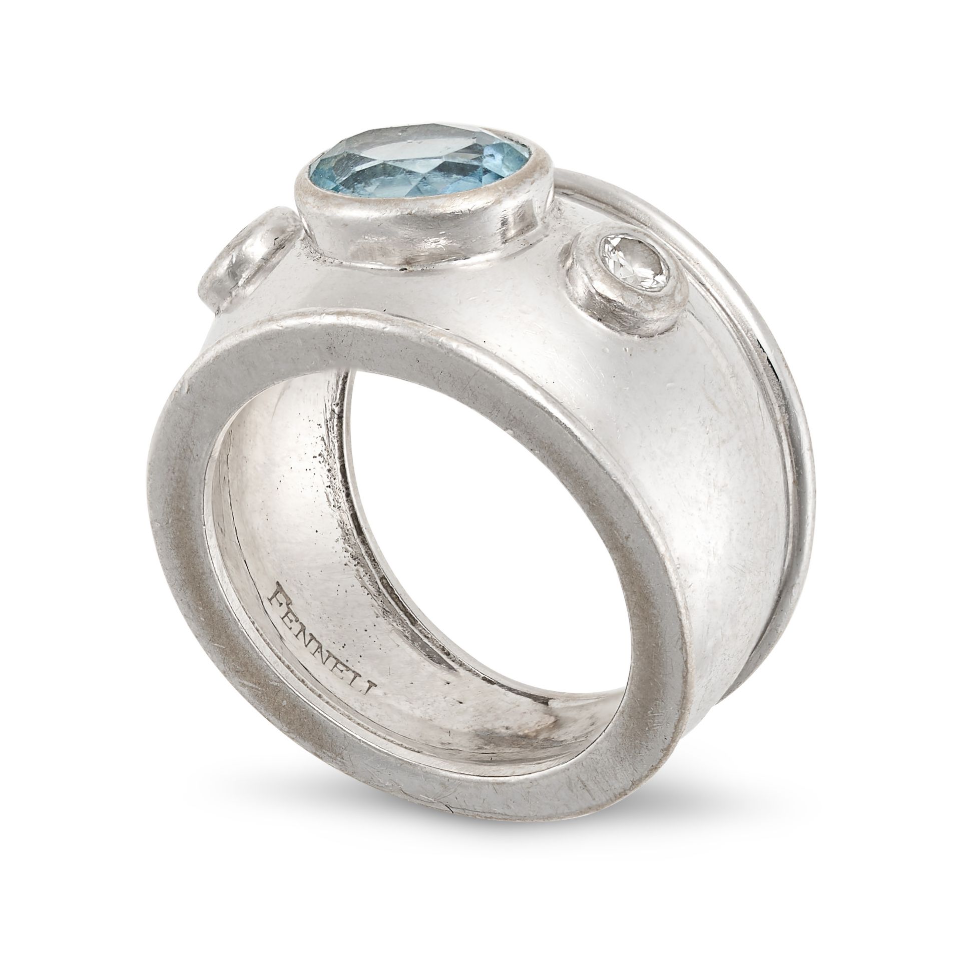 THEO FENNELL, A BLUE TOPAZ AND DIAMOND RING in 18ct white gold, the wide tapering band set with a... - Image 2 of 2