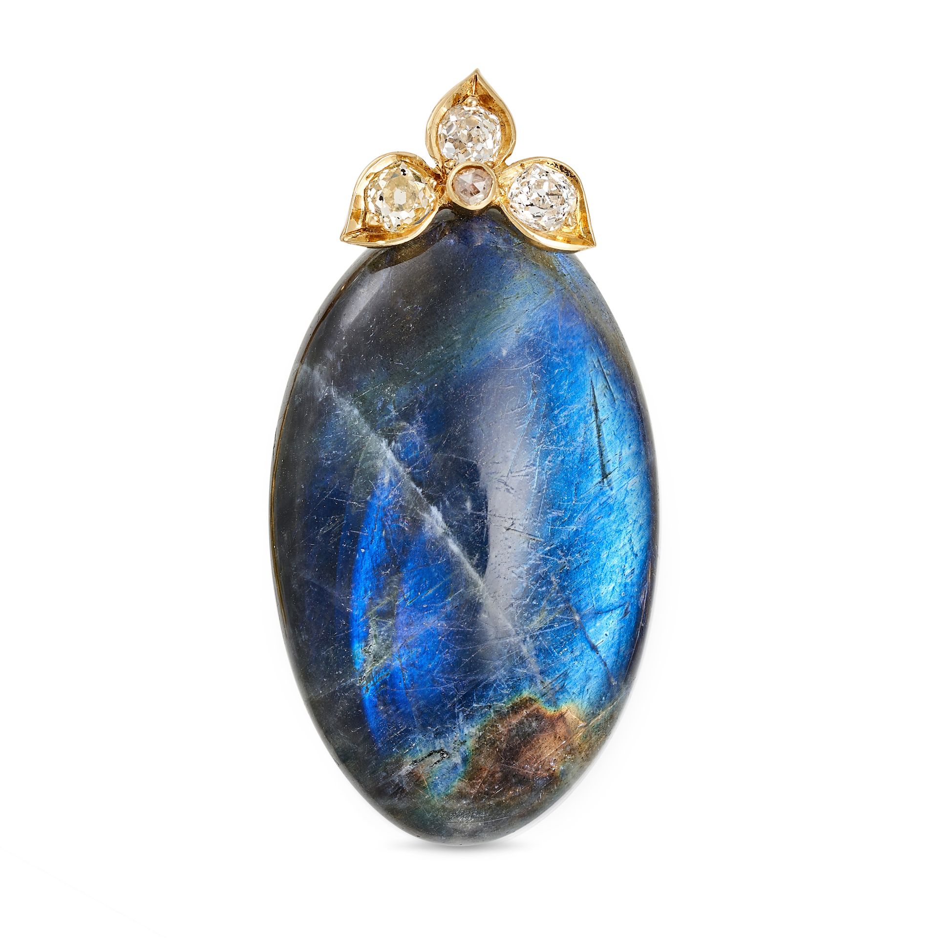 A LABRADORITE AND DIAMOND PENDANT in yellow gold, set with an oval polished labradorite accented ...