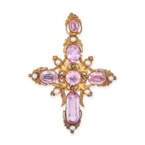 AN ANTIQUE PINK TOPAZ AND PEARL CROSS PENDANT / BROOCH in yellow gold, the foliate style cross se...
