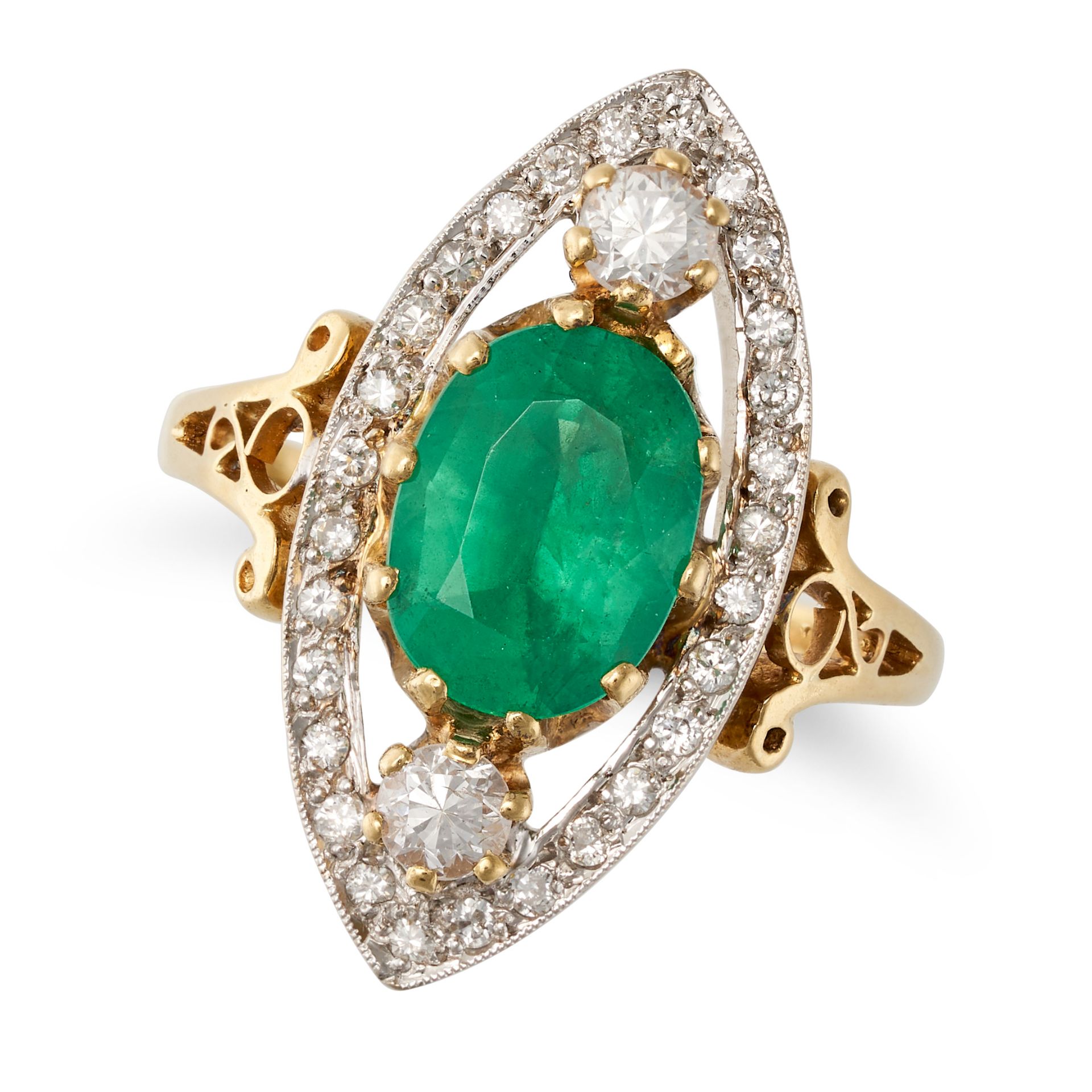 AN EMERALD AND DIAMOND DRESS RING in 18ct yellow and white gold, set with an oval cut emerald of ...