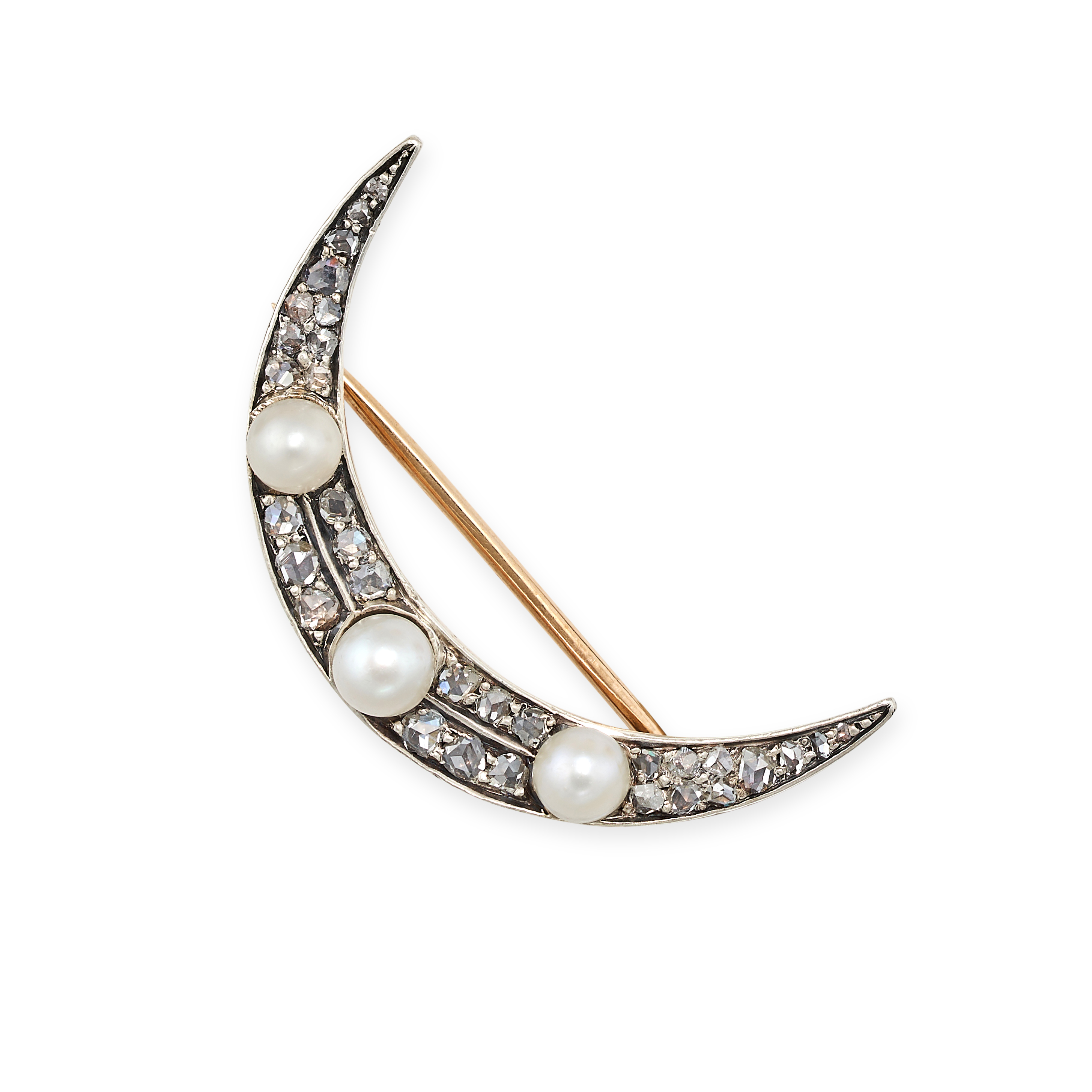 AN ANTIQUE PEARL AND DIAMOND CRESCENT MOON BROOCH in yellow gold, designed as a crescent moon set...