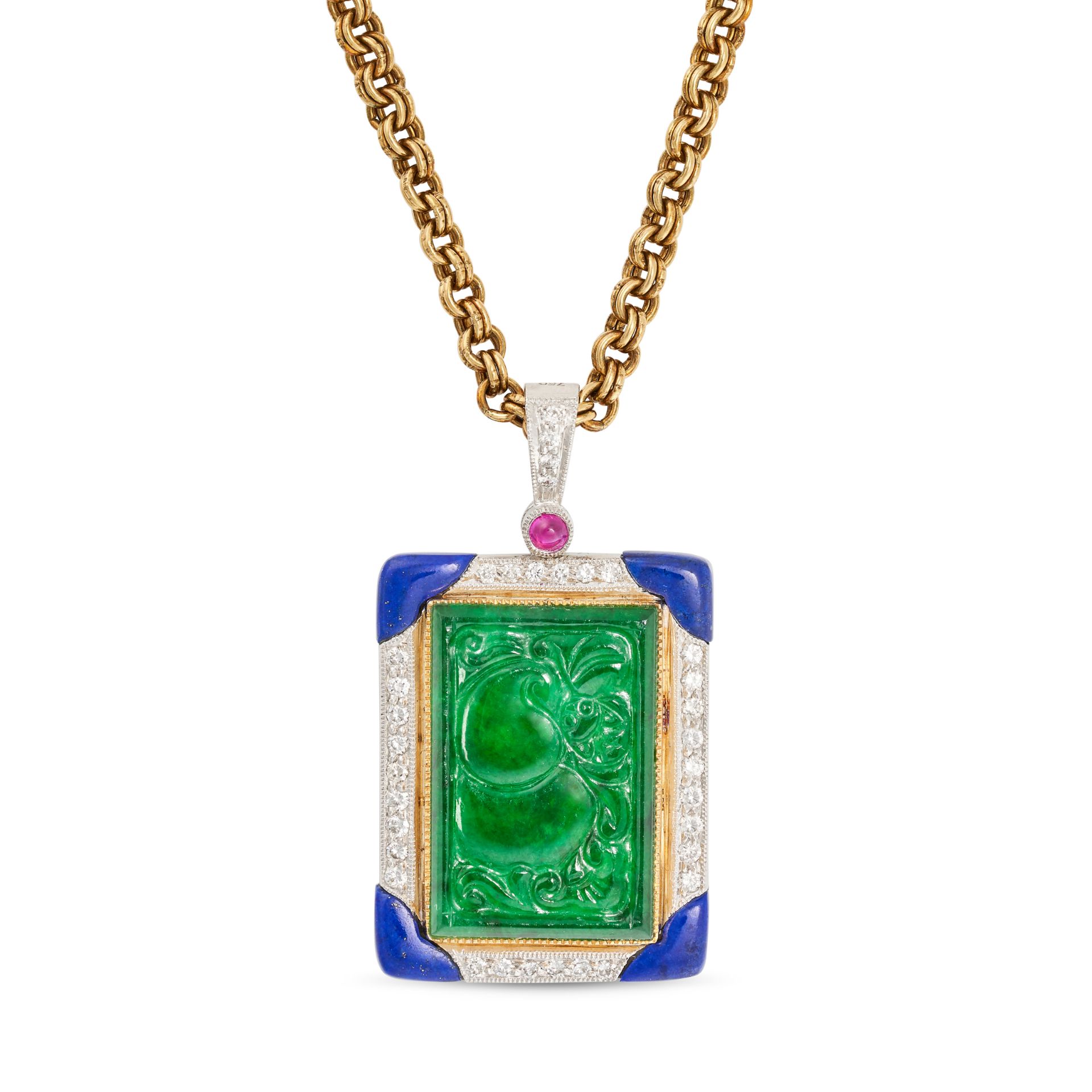 AN UNTREATED JADEITE JADE, LAPIS LAZULI, DIAMOND AND RUBY PENDANT NECKLACE in yellow and white go...