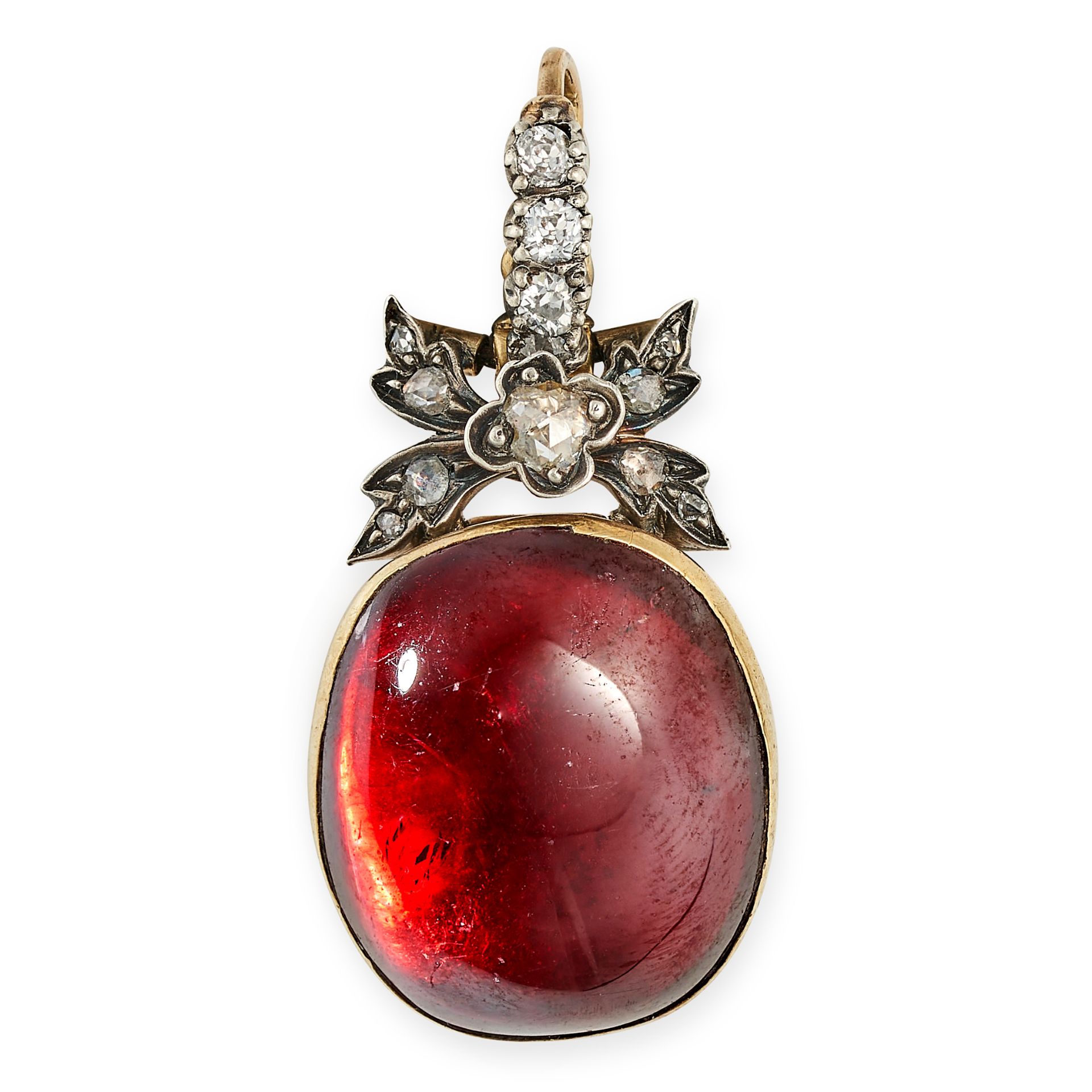 AN ANTIQUE GARNET AND DIAMOND PENDANT in yellow gold and silver, in foliate design set with old a...