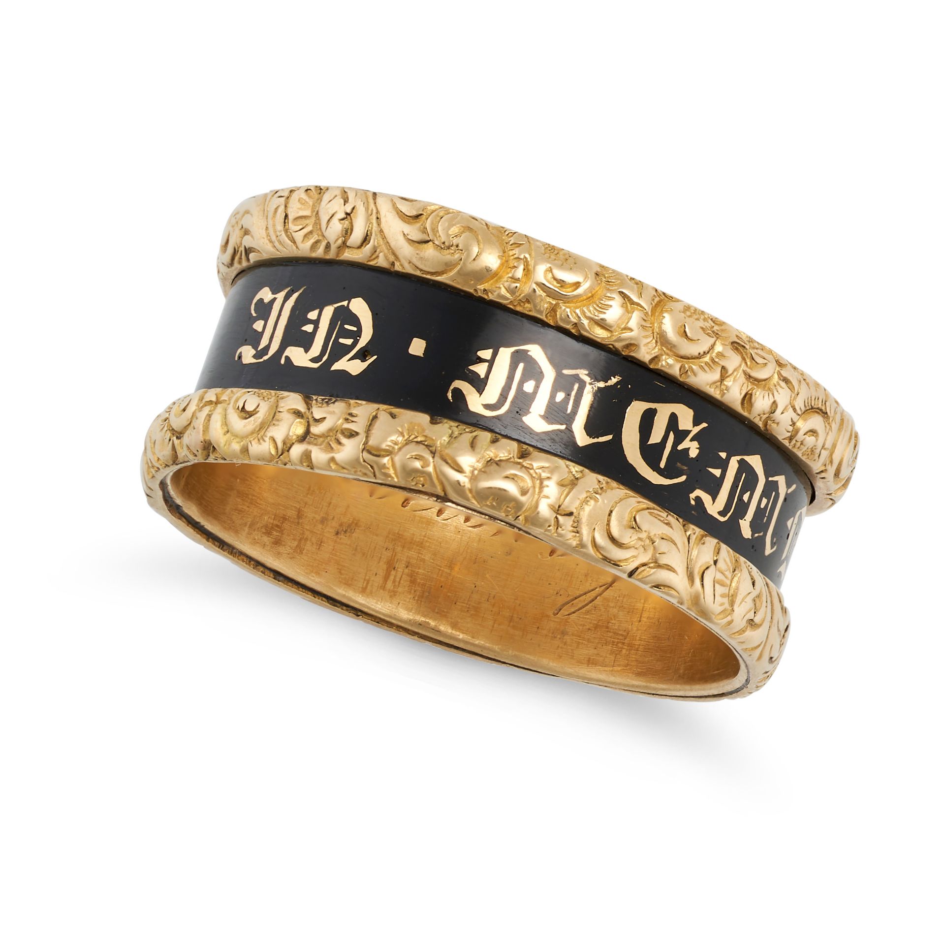 AN ANTIQUE VICTORIAN BLACK ENAMEL MOURNING RING in 18ct yellow gold, the band decorated with blac...