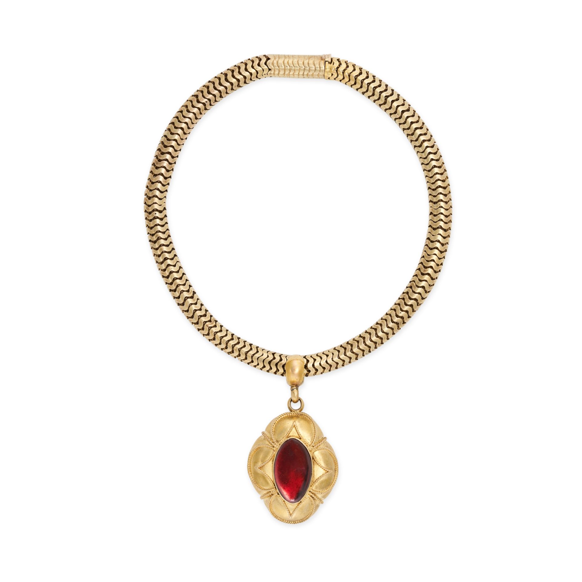 AN ANTIQUE GARNET MOURNING BRACELET in yellow gold, comprising a snake link bracelet suspending a...