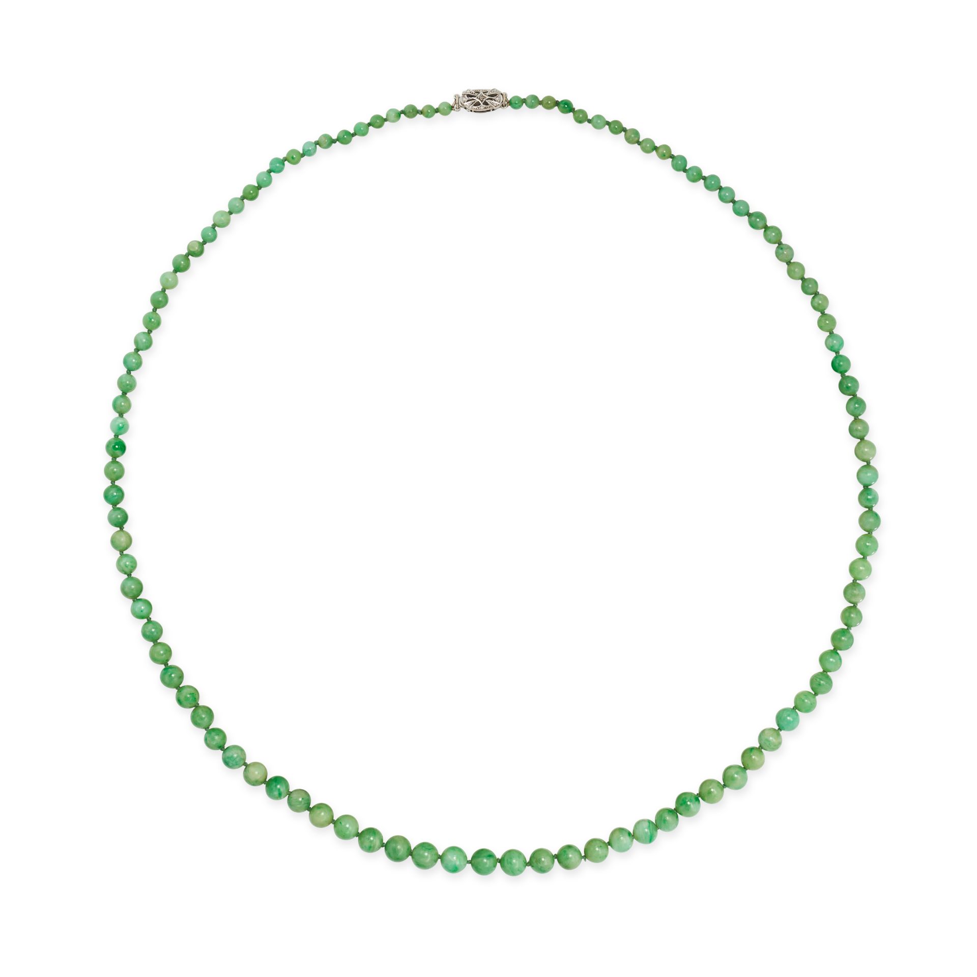 A VINTAGE JADEITE JADE AND DIAMOND NECKLACE in 9ct white gold, comprising a row of graduated jade...