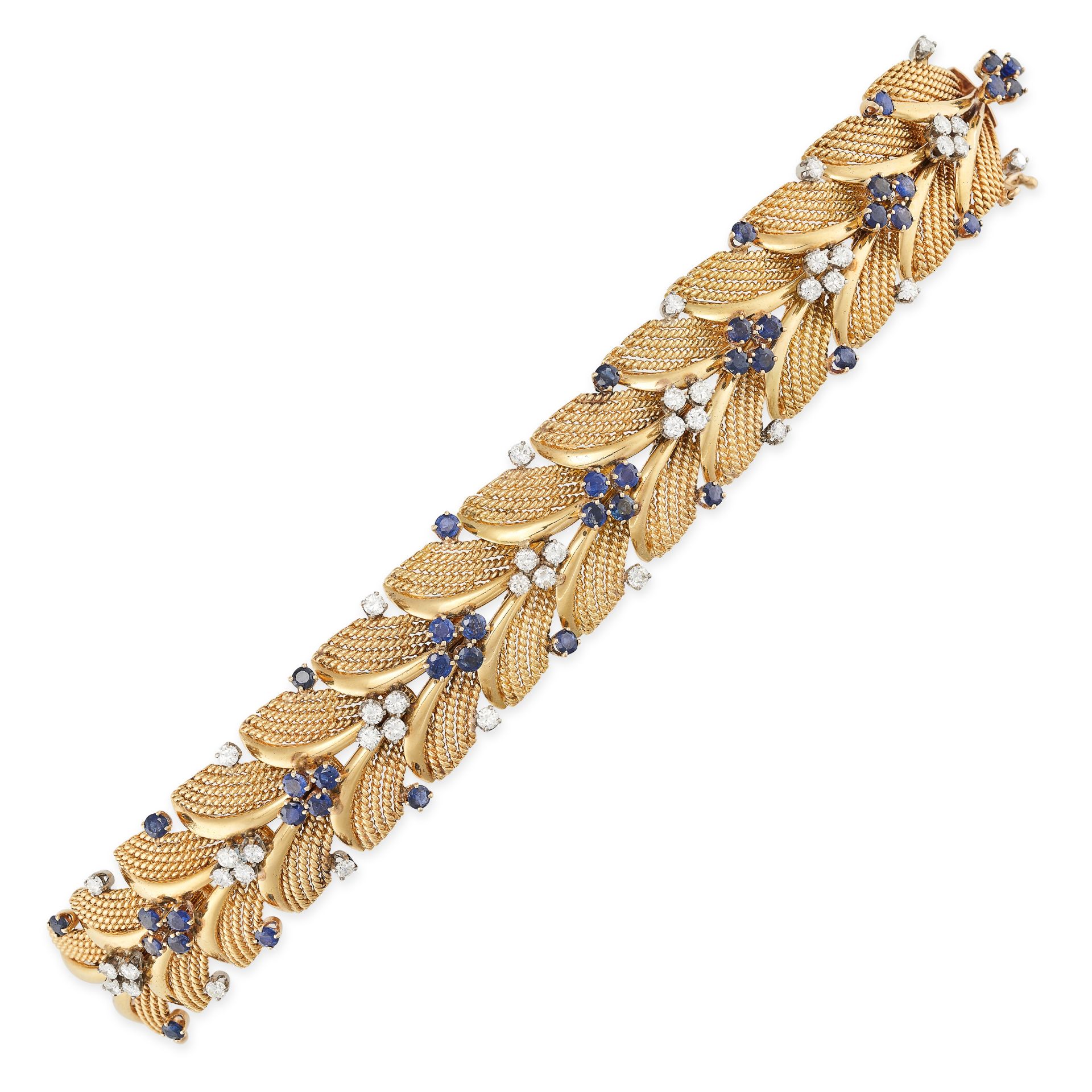 A VINTAGE SAPPHIRE AND DIAMOND BRACELET in 18ct yellow gold, in foliate design, set with a row of...