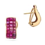 A PAIR OF RUBY HOOP EARRINGS in 18ct yellow gold, each designed as a half hoop invisibly set with...