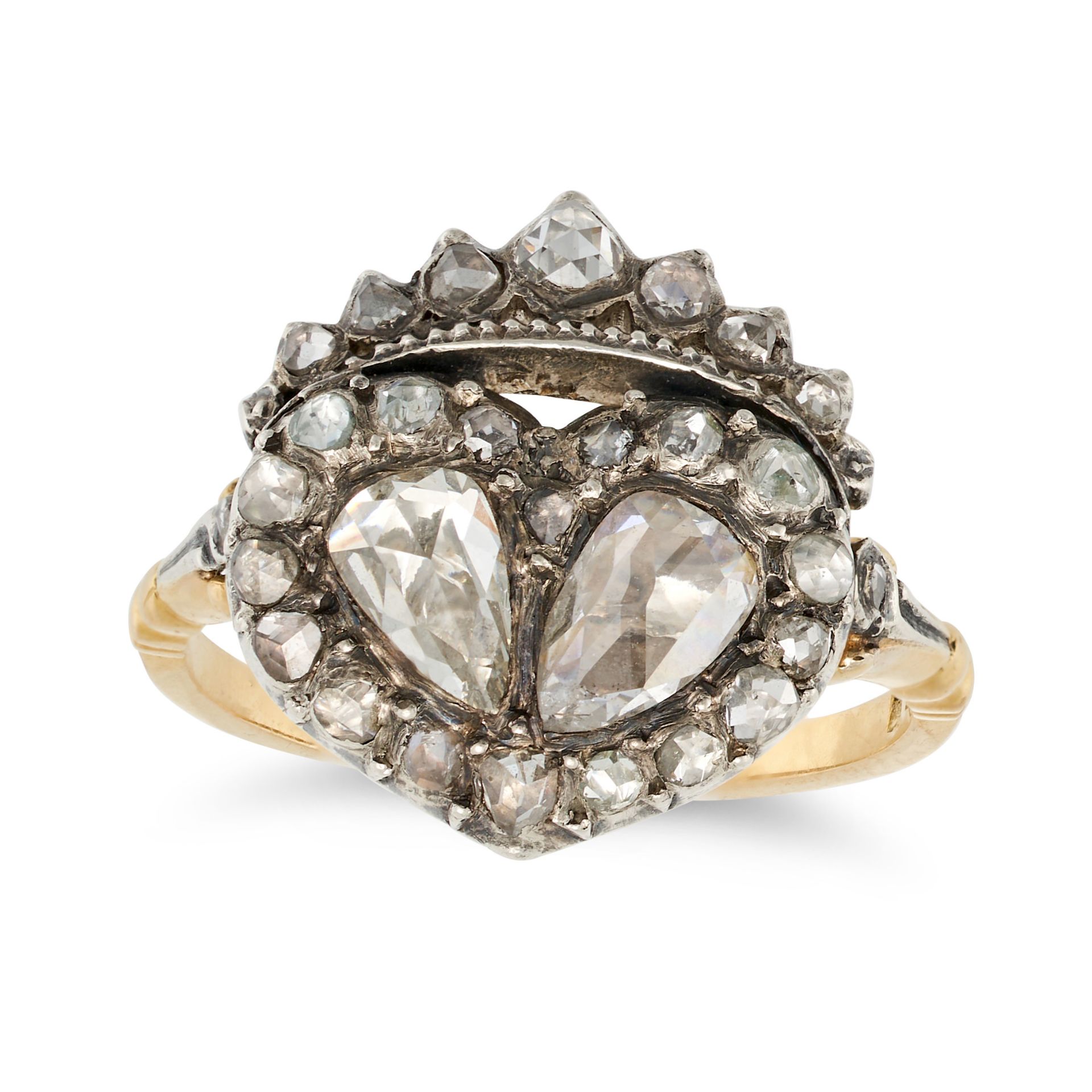 AN ANTIQUE DIAMOND SWEETHEART RING, 19TH CENTURY in yellow gold and silver, designed as two heart...