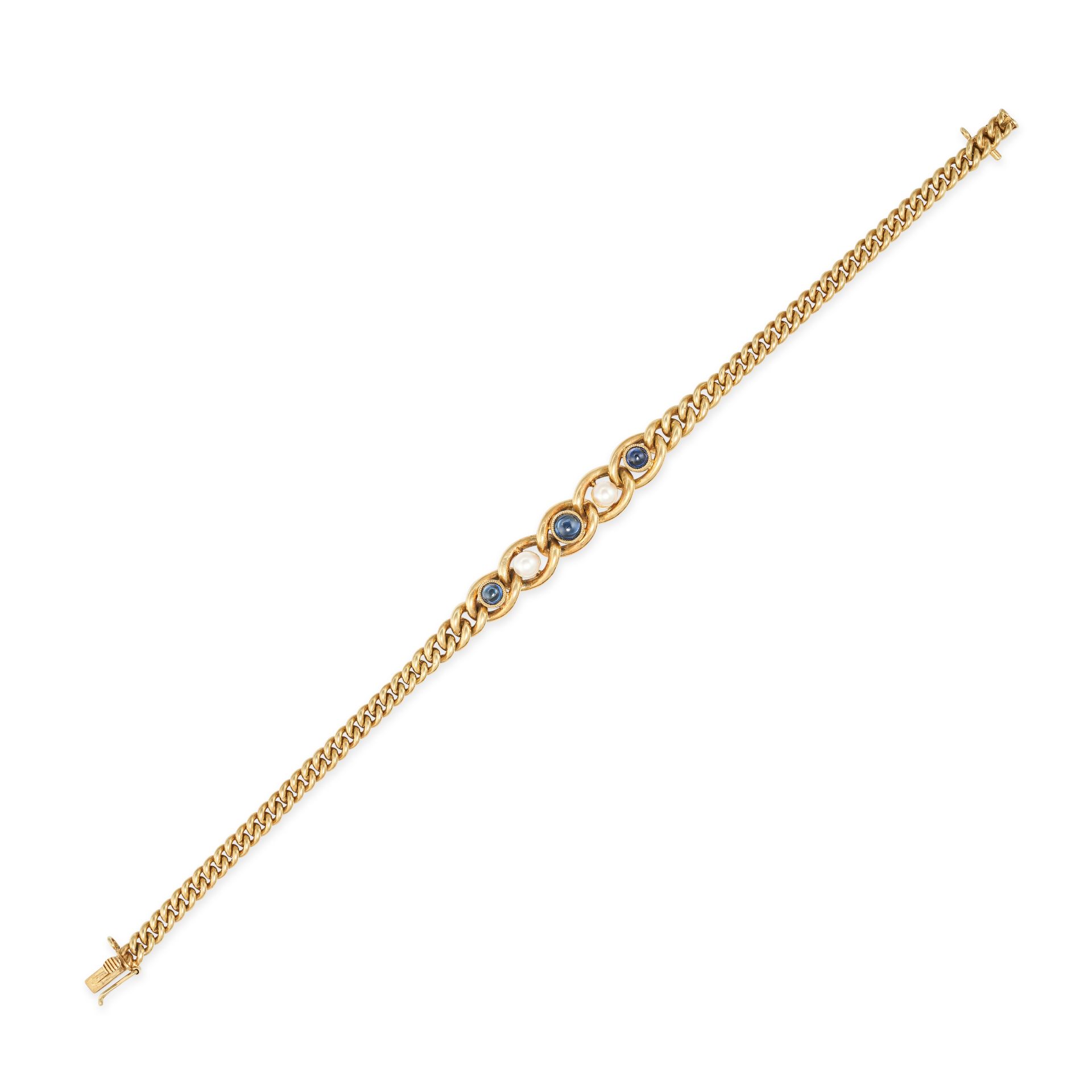 A VINTAGE SAPPHIRE AND PEARL BRACELET in 14ct yellow gold, comprising a row of curb links, the ce...