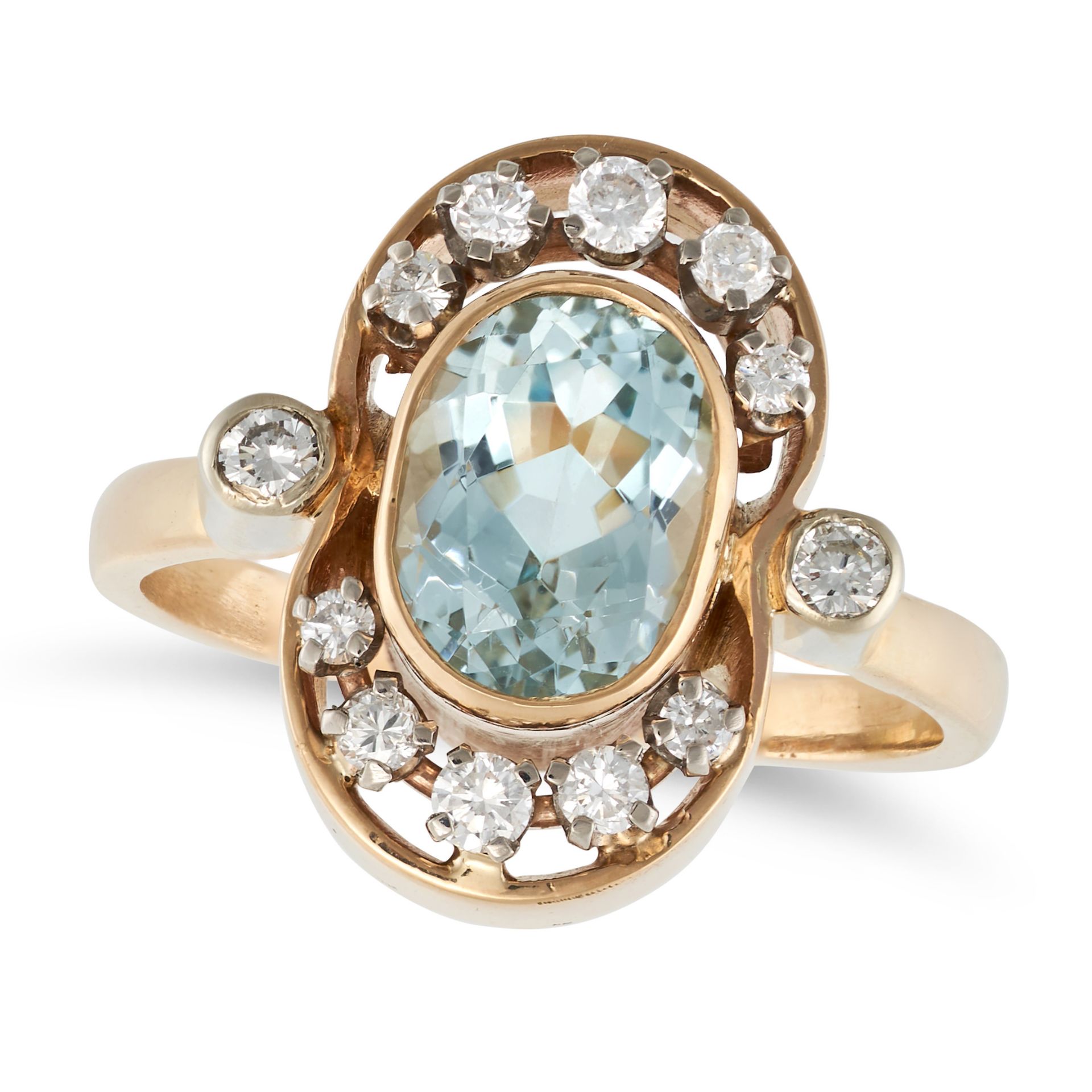 A VINTAGE AQUAMARINE AND DIAMOND RING in 14ct yellow gold, set with an oval cut aquamarine of 1.8...