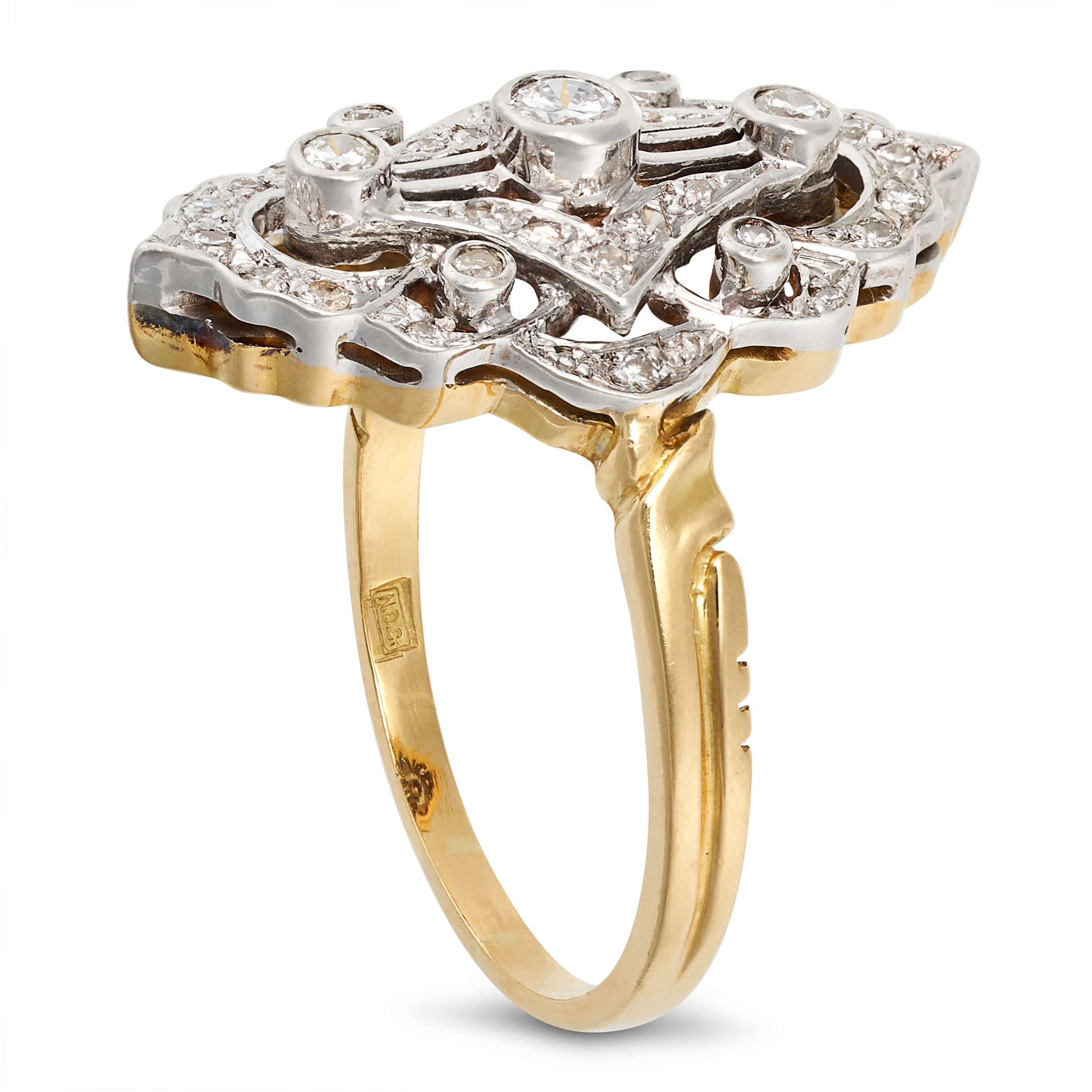 A DIAMOND DRESS RING in 18ct yellow and white gold, in an openwork navette design set throughout ... - Image 2 of 2