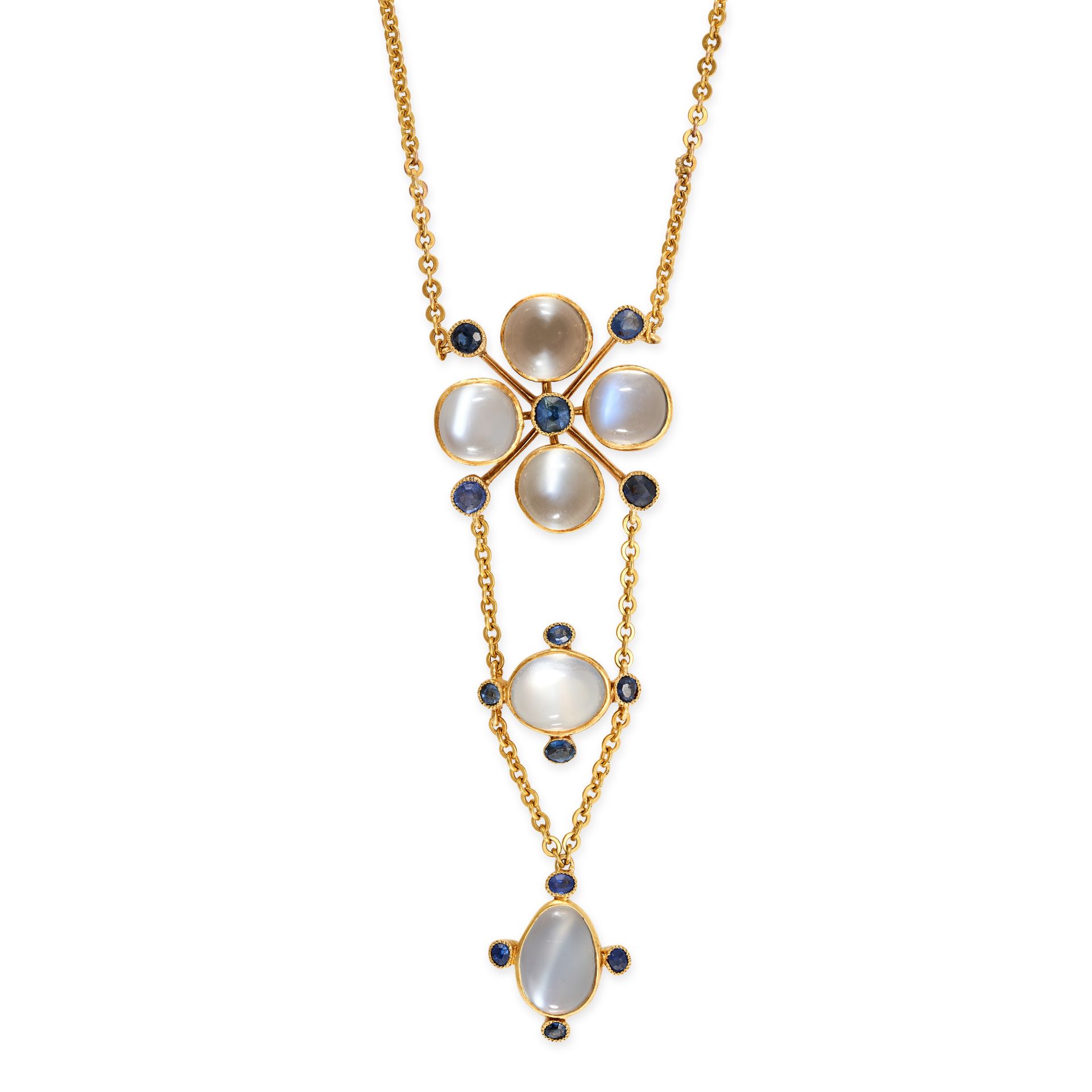A MOONSTONE AND SAPPHIRE NECKLACE in yellow gold, comprising a trace chain suspending a pendant s...