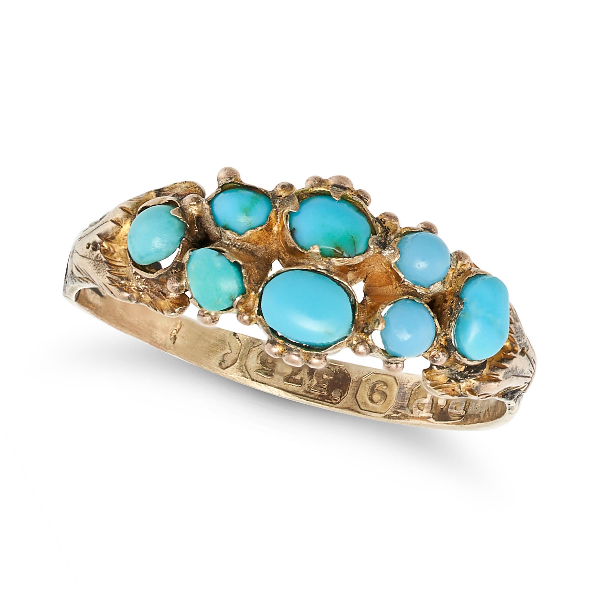 AN ANTIQUE VICTORIAN TURQUOISE RING in 9ct yellow gold, set with a cluster of cabochon cut turquo...