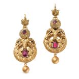 A PAIR OF ANTIQUE GARNET DROP EARRINGS in yellow gold, the articulated bodies set with a round an...