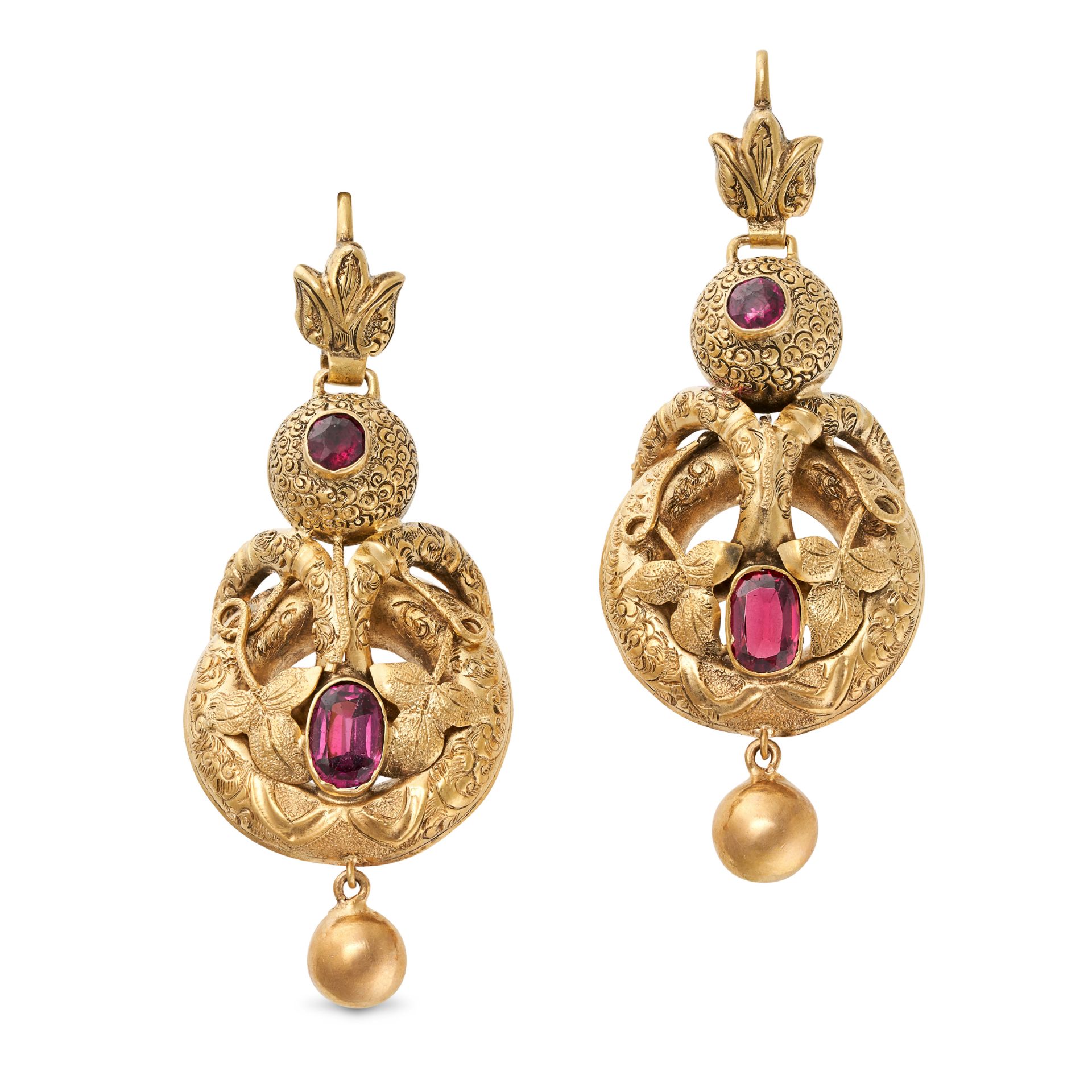 A PAIR OF ANTIQUE GARNET DROP EARRINGS in yellow gold, the articulated bodies set with a round an...