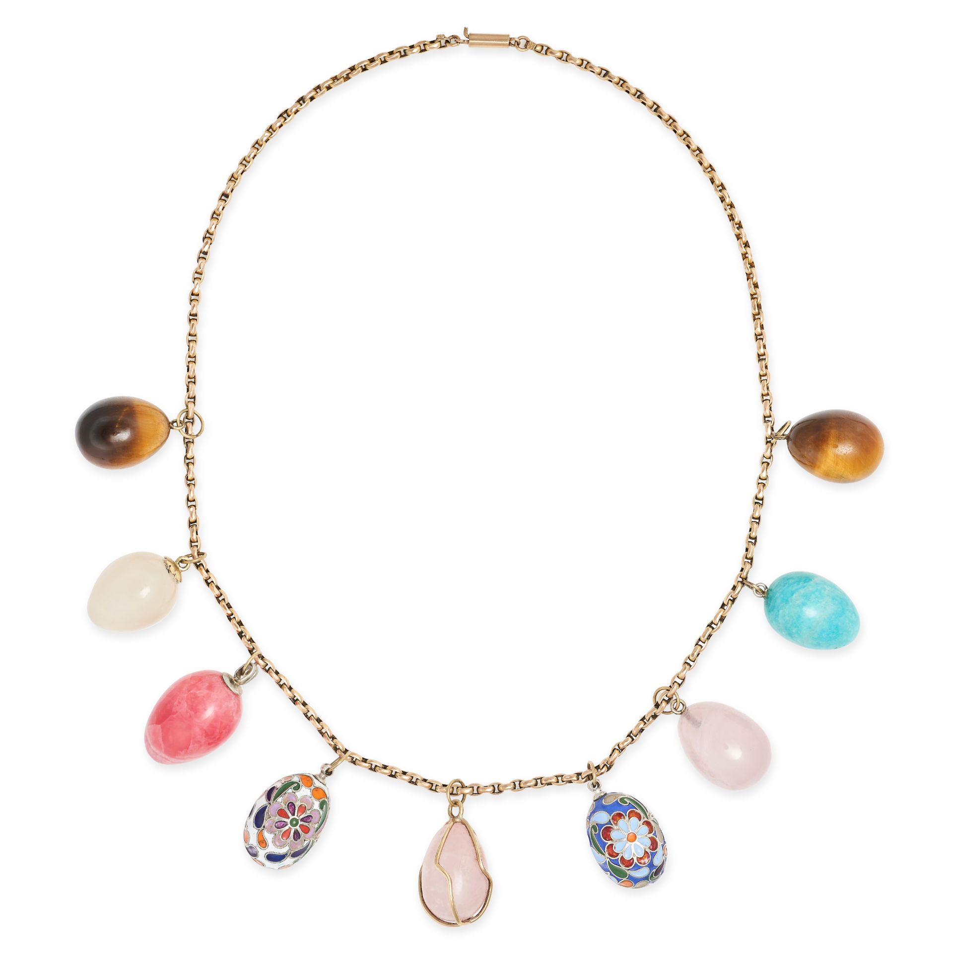 A HARDSTONE AND ENAMEL EGG NECKLACE in 9ct yellow gold, the belcher link chain suspending a fring...