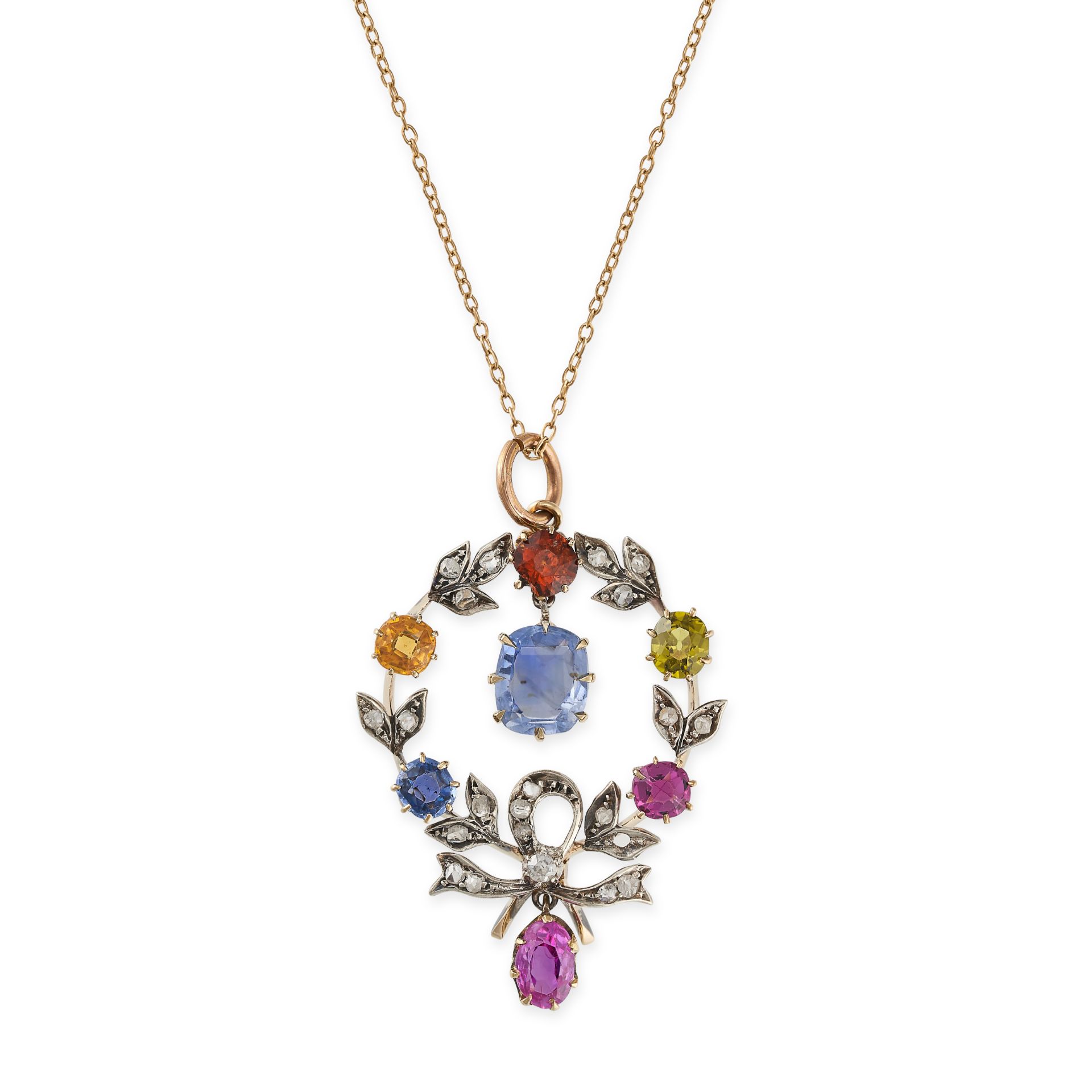 AN ANTIQUE MULTICOLOURED SAPPHIRE AND DIAMOND PENDANT NECKLACE in yellow gold and silver, the pen...