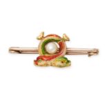 AN ANTIQUE ENAMEL AND PEARL DOLPHIN BAR BROOCH in yellow gold, comprising two intertwined dolphin...