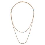 AN ANTIQUE TURQUOISE SAUTOIR NECKLACE in yellow gold, comprising a fancy link chain set with oval...