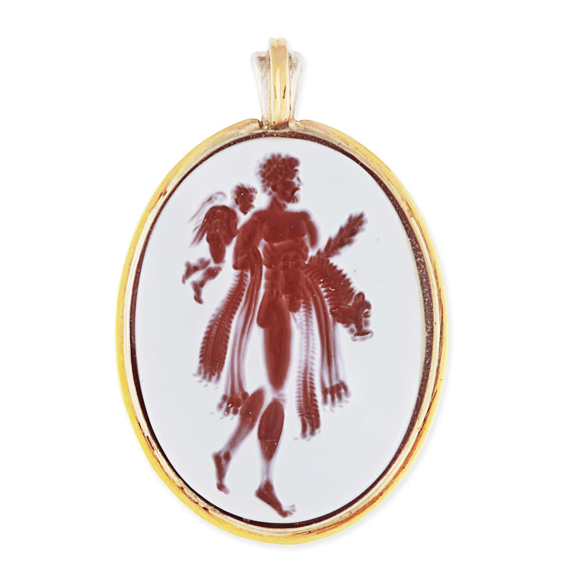 AN ANTIQUE CARNELIAN INTAGLIO PENDANT in yellow gold, set with an oval carnelian carved to depict...