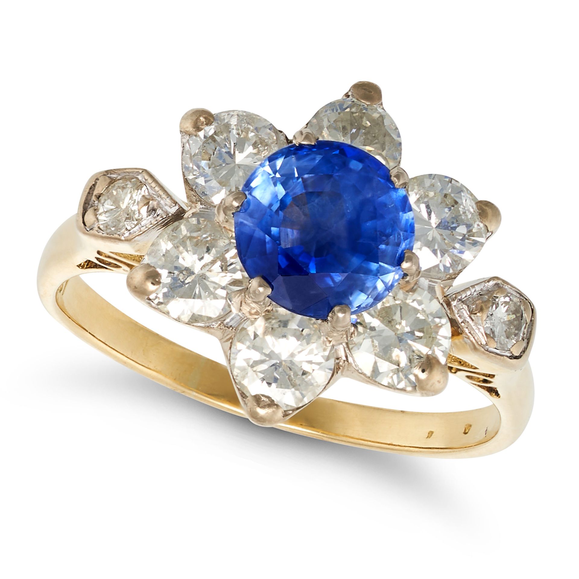 A SAPPHIRE AND DIAMOND CLUSTER RING in 18ct yellow gold, set with a round cut sapphire of approxi...