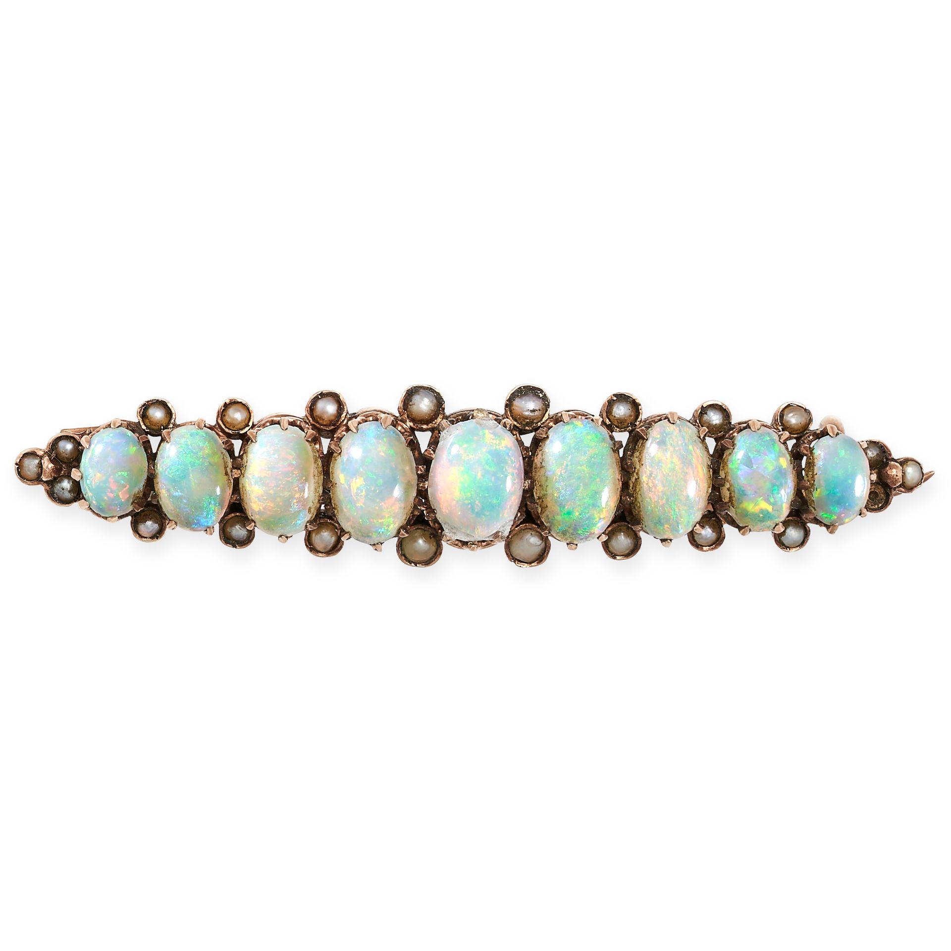 AN OPAL AND PEARL BAR BROOCH in 8ct yellow gold, comprising a row of graduated oval cabochon opal...